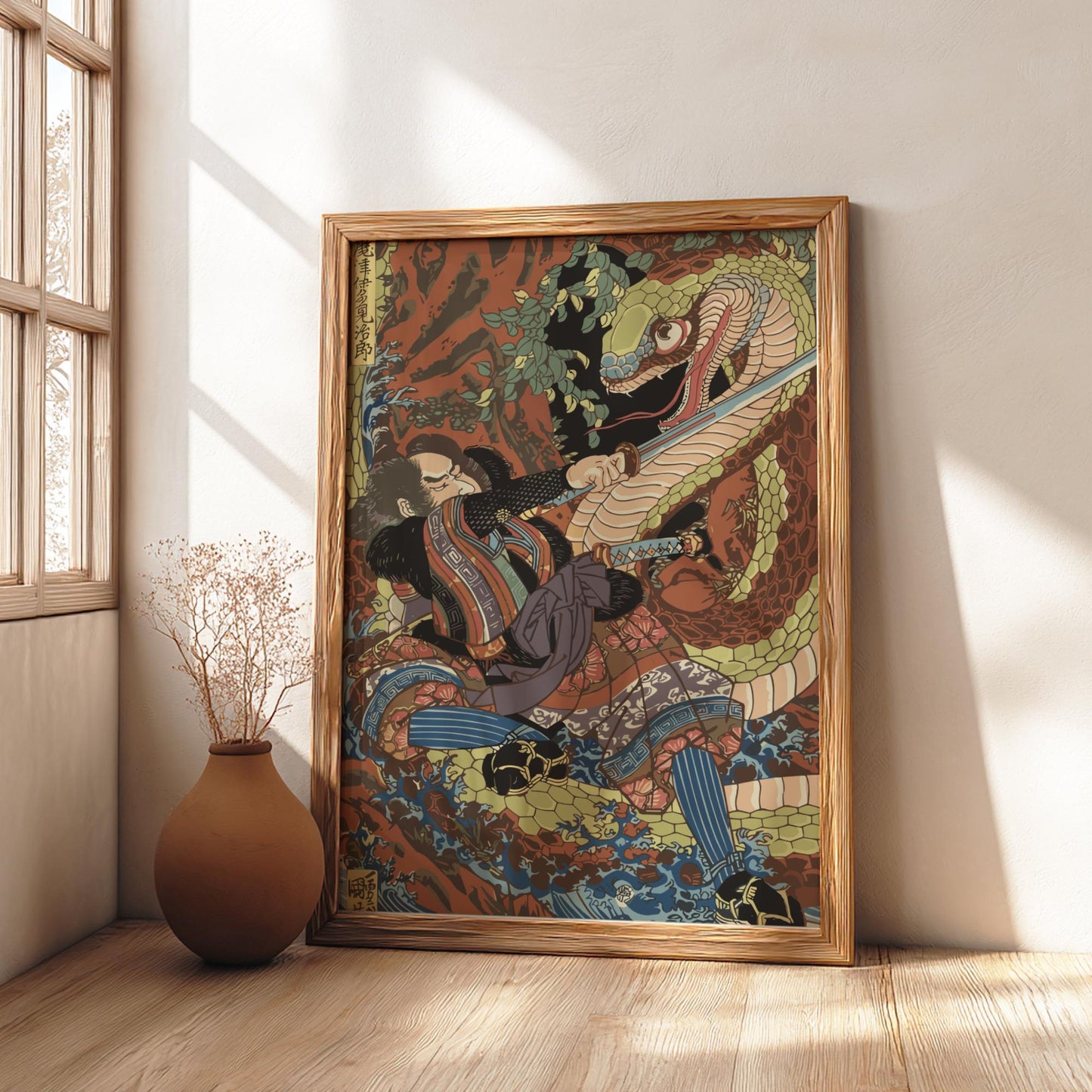 Matsui Tamijiro Fighting Giant Snake Kuniyoshi Print, Honcho Musha Kagami Ukiyo-e, Edo Japanese Woodblock