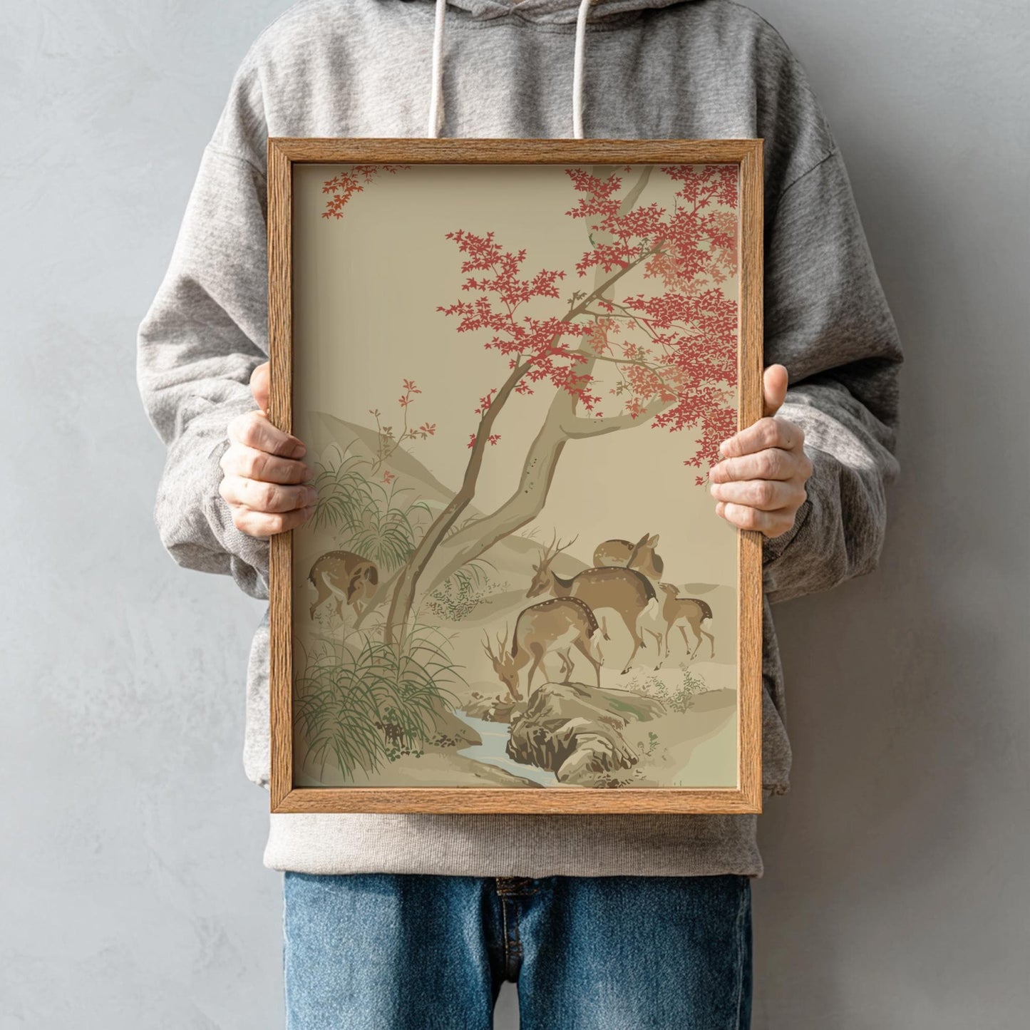 Five Deer Under Red Maples, Mori Tetsuzan Print, Japanese Autumn Landscape Ukiyo-e Art