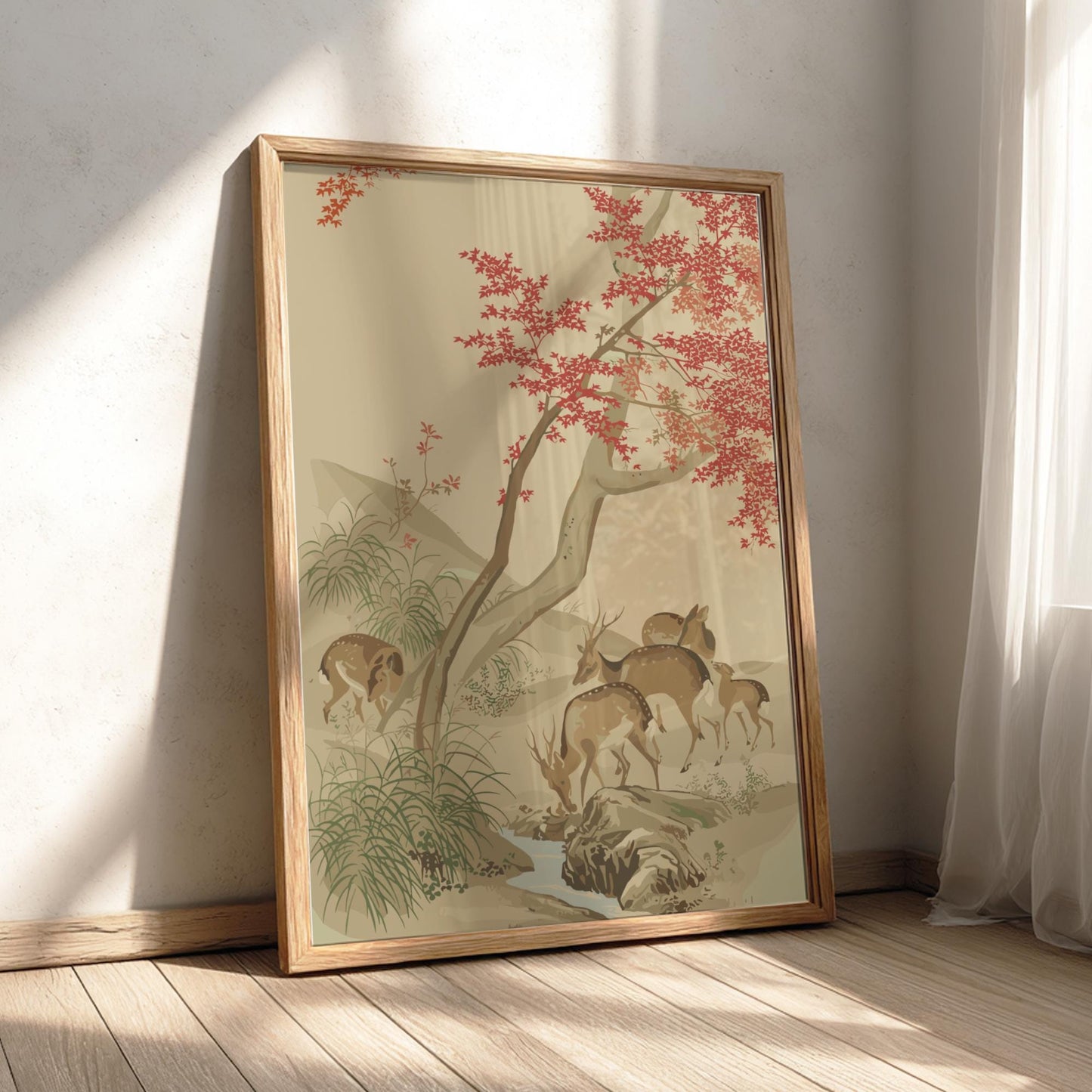 Five Deer Under Red Maples, Mori Tetsuzan Print, Japanese Autumn Landscape Ukiyo-e Art