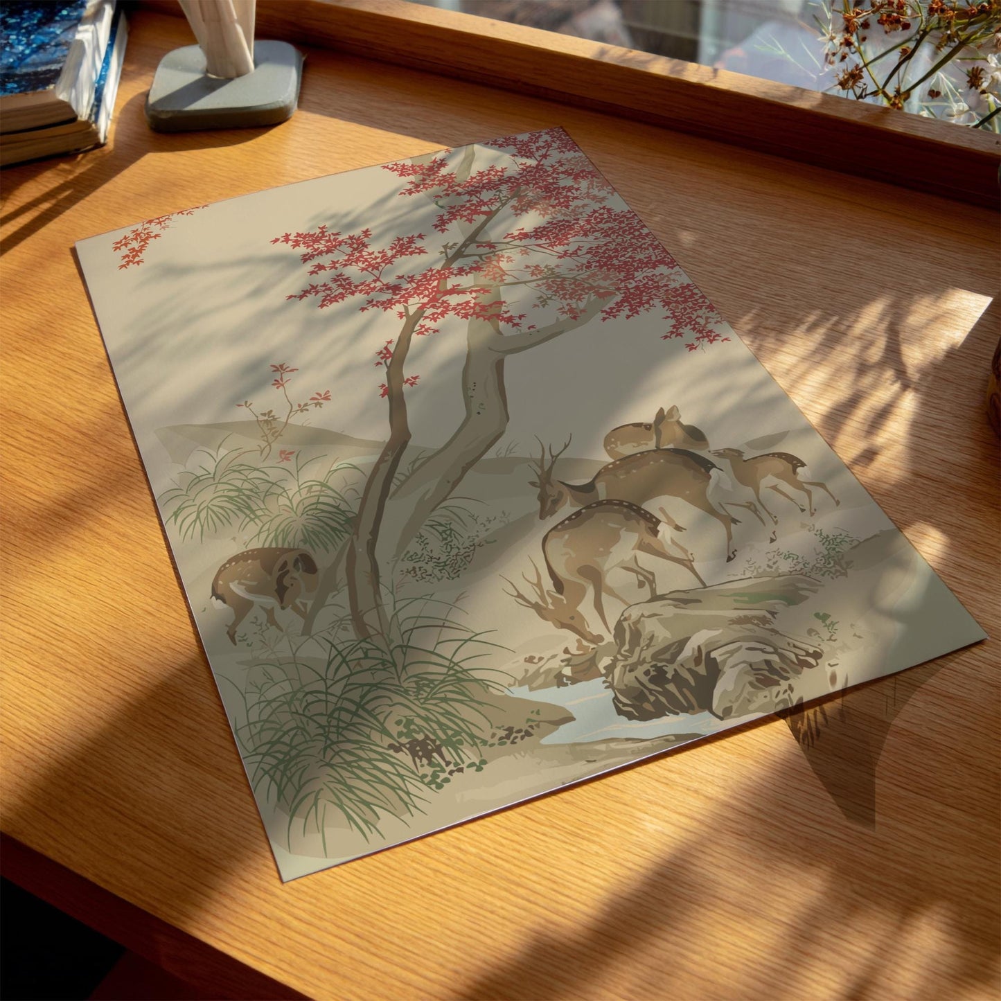 Five Deer Under Red Maples, Mori Tetsuzan Print, Japanese Autumn Landscape Ukiyo-e Art