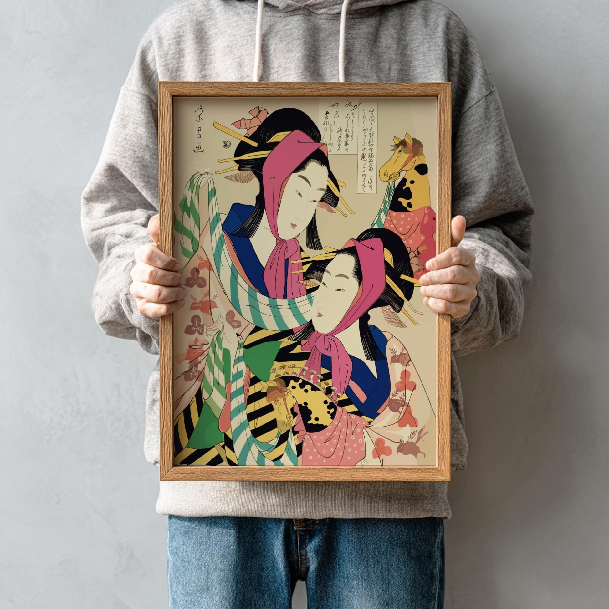 Two Geisha Performing Harukoma Dance Eisho Print, Edo Japanese Woodblock Ukiyo-e Art