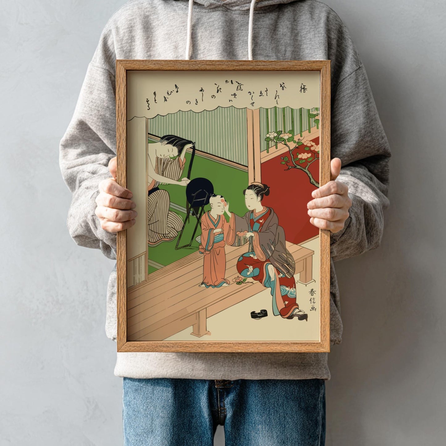 Tsubaki Camellia Harunobu Print, Edo Meiwa Era Ukiyo-e, Japanese Woodblock Art of Women and Child