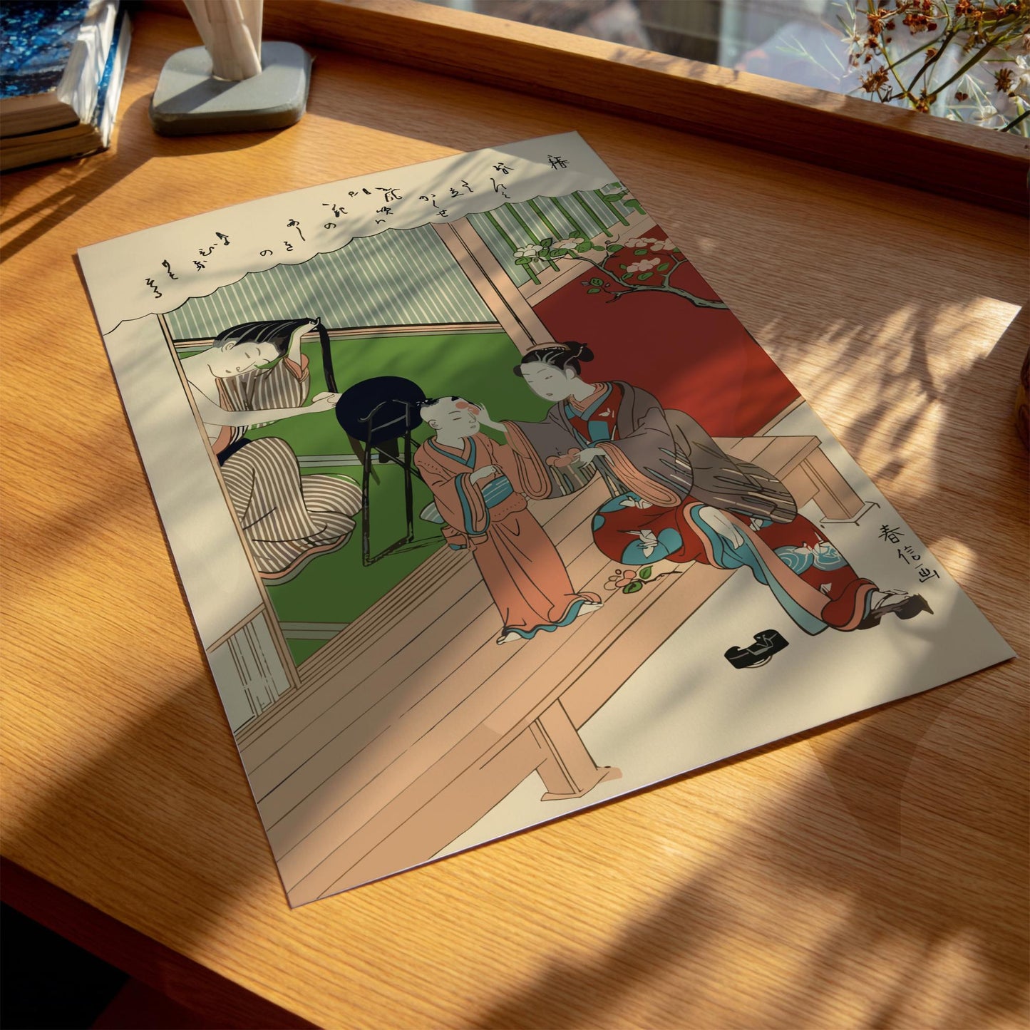 Tsubaki Camellia Harunobu Print, Edo Meiwa Era Ukiyo-e, Japanese Woodblock Art of Women and Child