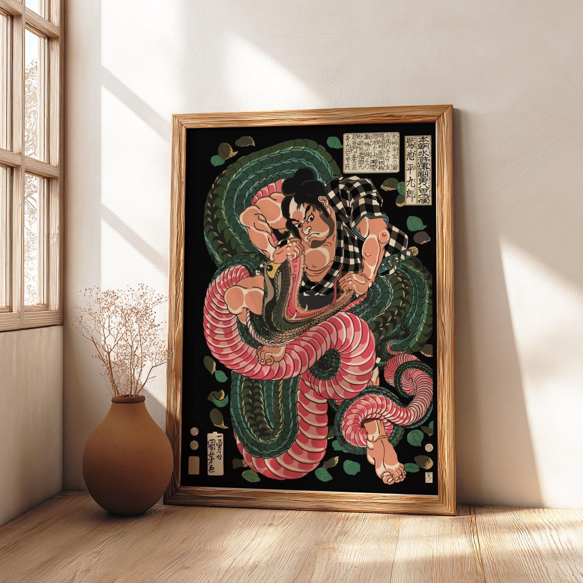 Japanese Ukiyo-e wall art of Saginoike Heikuro Fights Giant Snake Kuniyoshi Print displayed in modern interior home decor setting.
