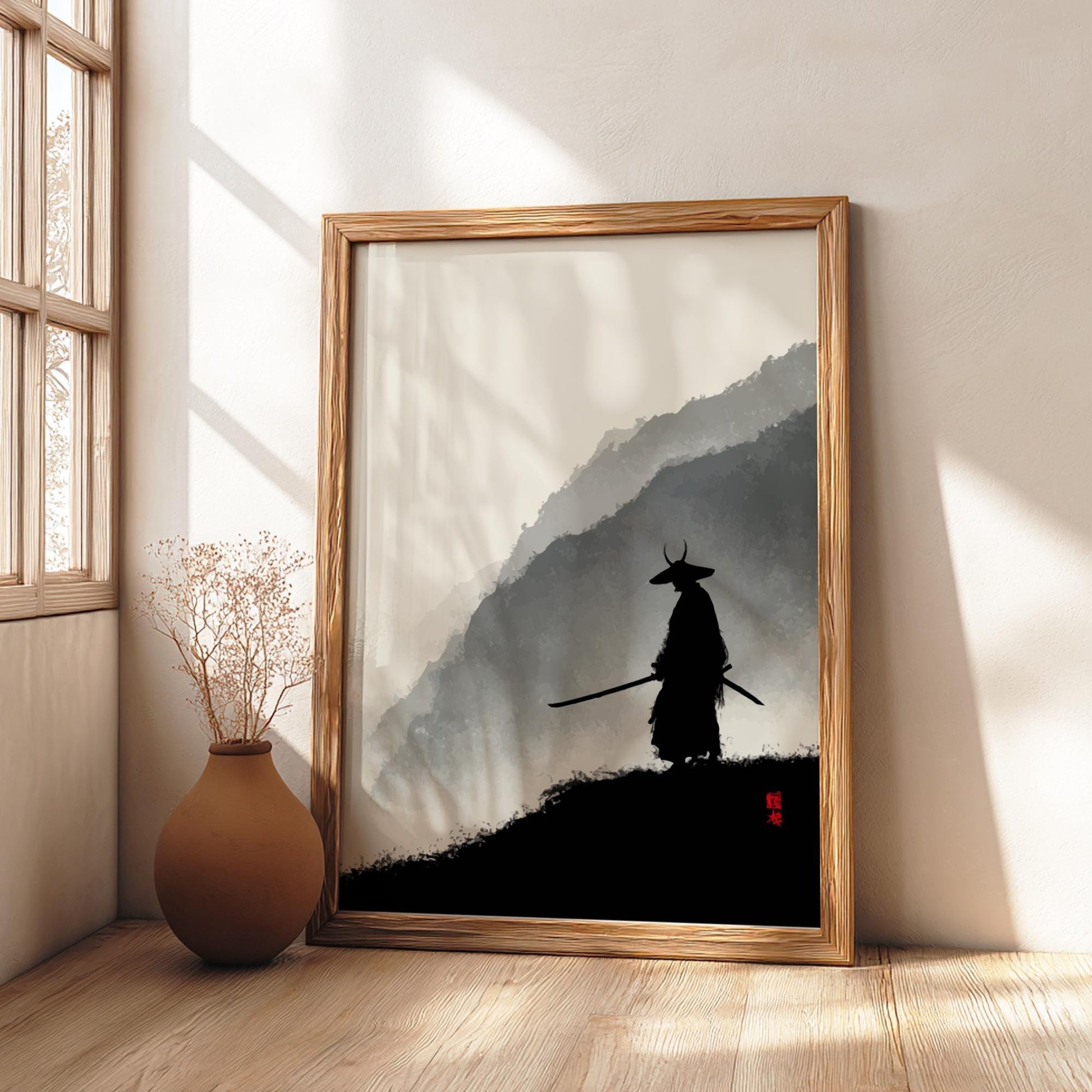 Ascent into the Summit Shadow - Samurai Silhouette Ink Wash Print, Misty Mountains Japanese Minimalist Art, Edo-Inspired Wall Decor