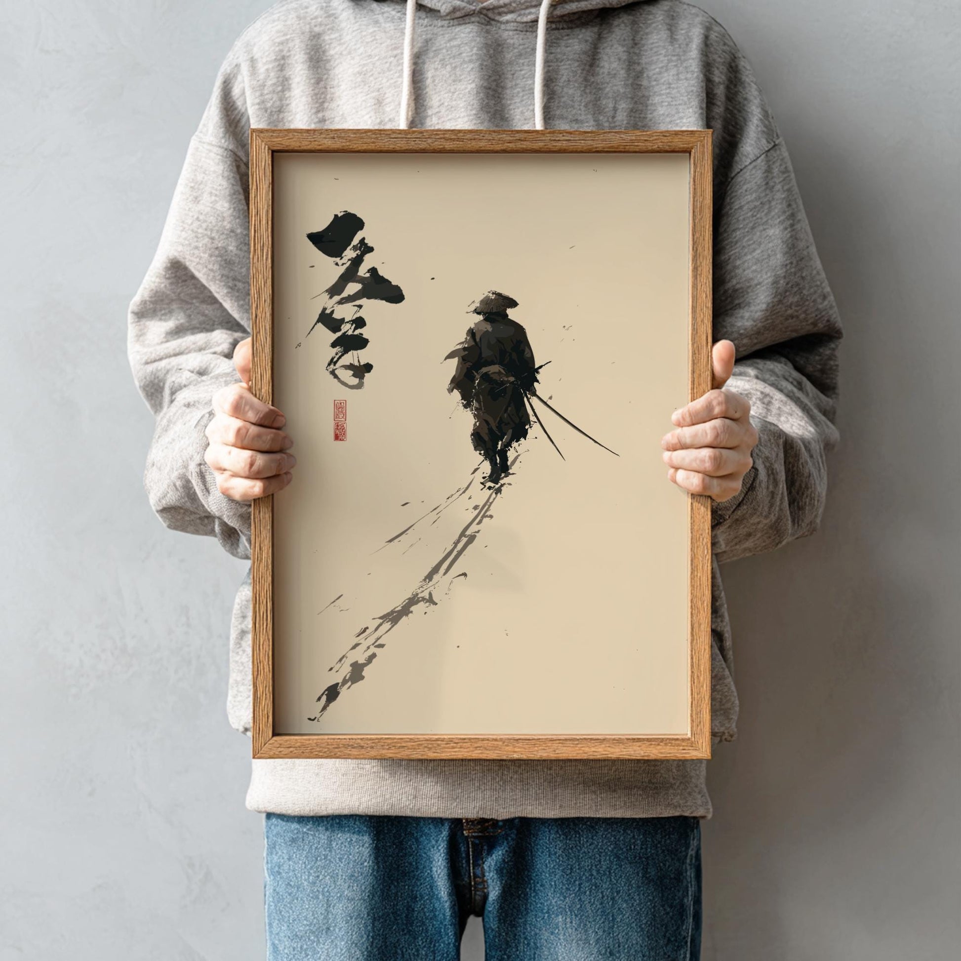 The Brushstroke Wanderer - Samurai and Japanese Calligraphy Print, Monochrome Ink Brush Art, Edo-Inspired Minimalist Wall Decor