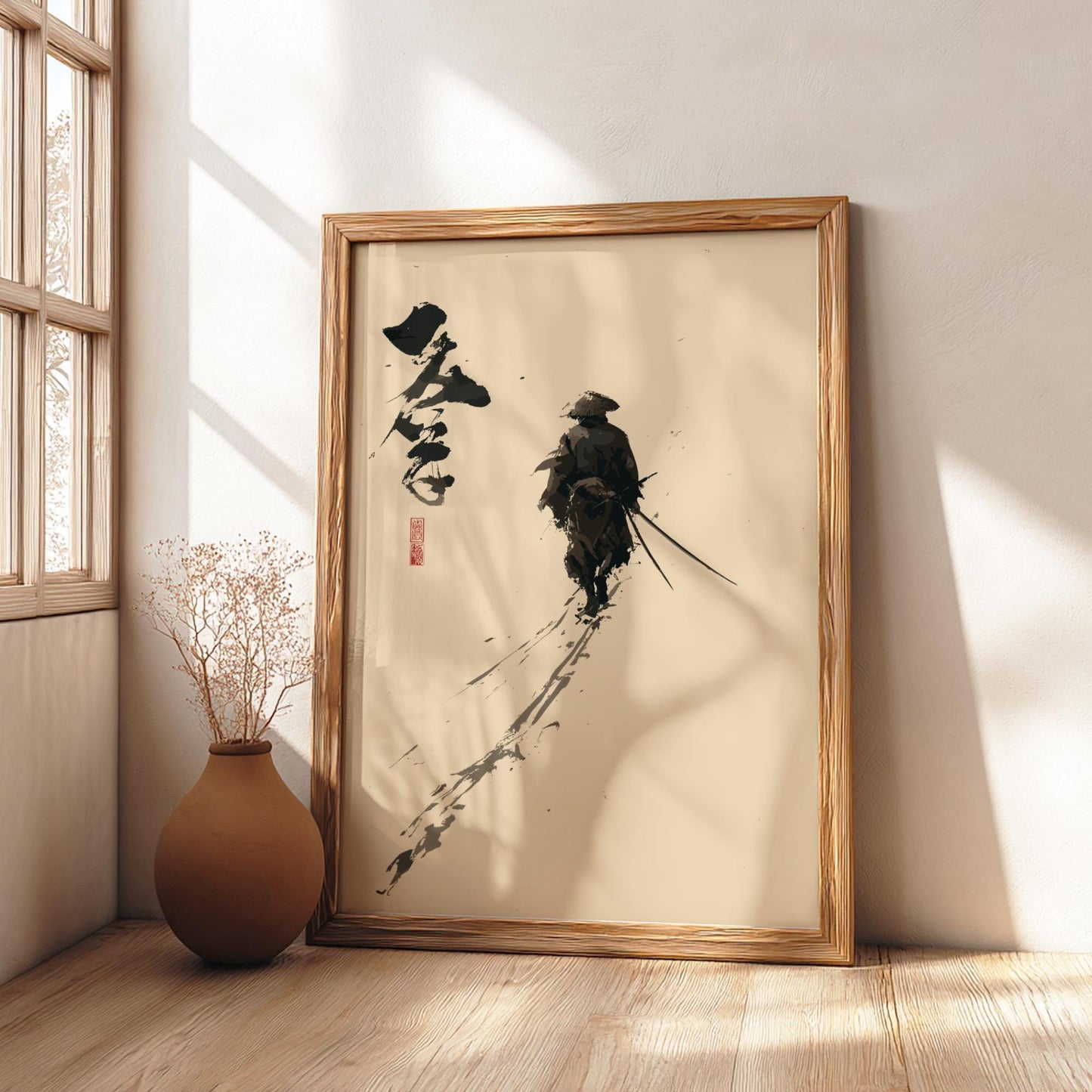 The Brushstroke Wanderer - Samurai and Japanese Calligraphy Print, Monochrome Ink Brush Art, Edo-Inspired Minimalist Wall Decor
