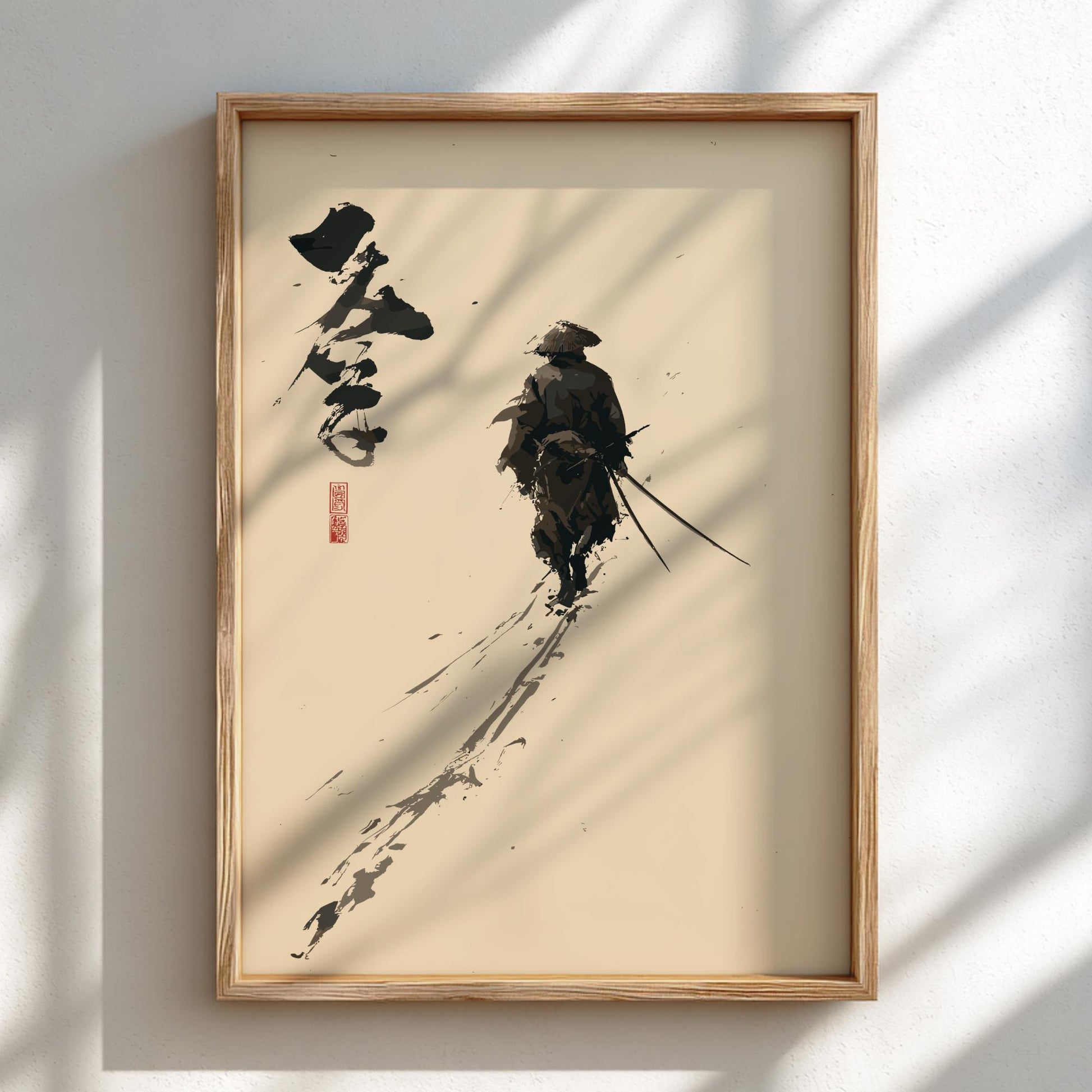 The Brushstroke Wanderer - Samurai and Japanese Calligraphy Print, Monochrome Ink Brush Art, Edo-Inspired Minimalist Wall Decor