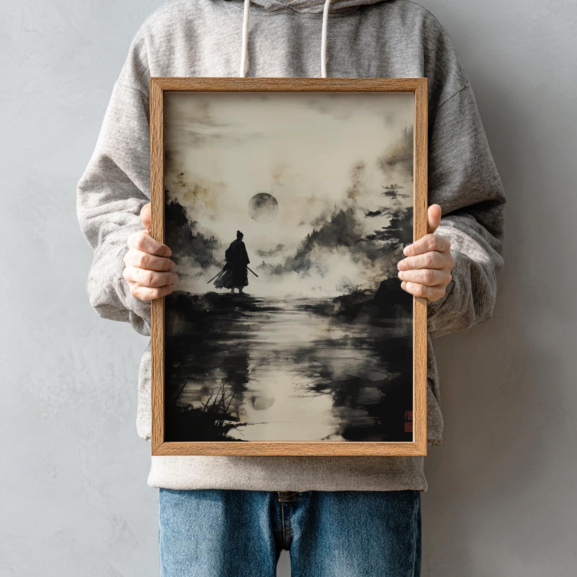 Passage on the Silent Water - Lone Samurai by the River Print, Japanese Ink Wash Landscape Art, Moonlit Sumi-e Wall Decor