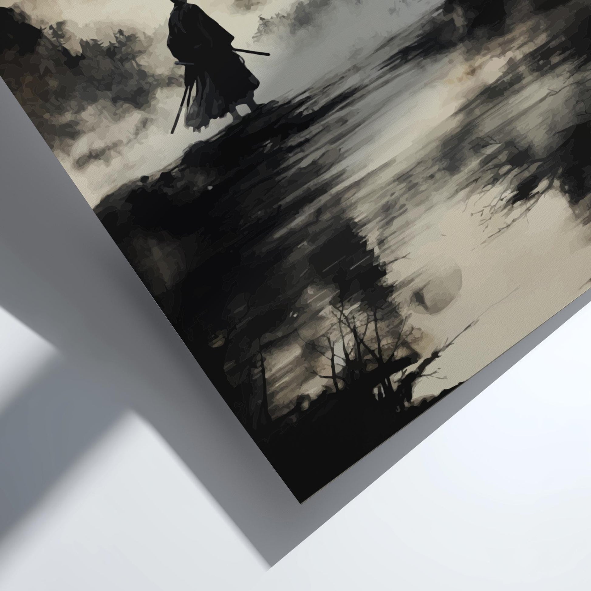 Passage on the Silent Water - Lone Samurai by the River Print, Japanese Ink Wash Landscape Art, Moonlit Sumi-e Wall Decor