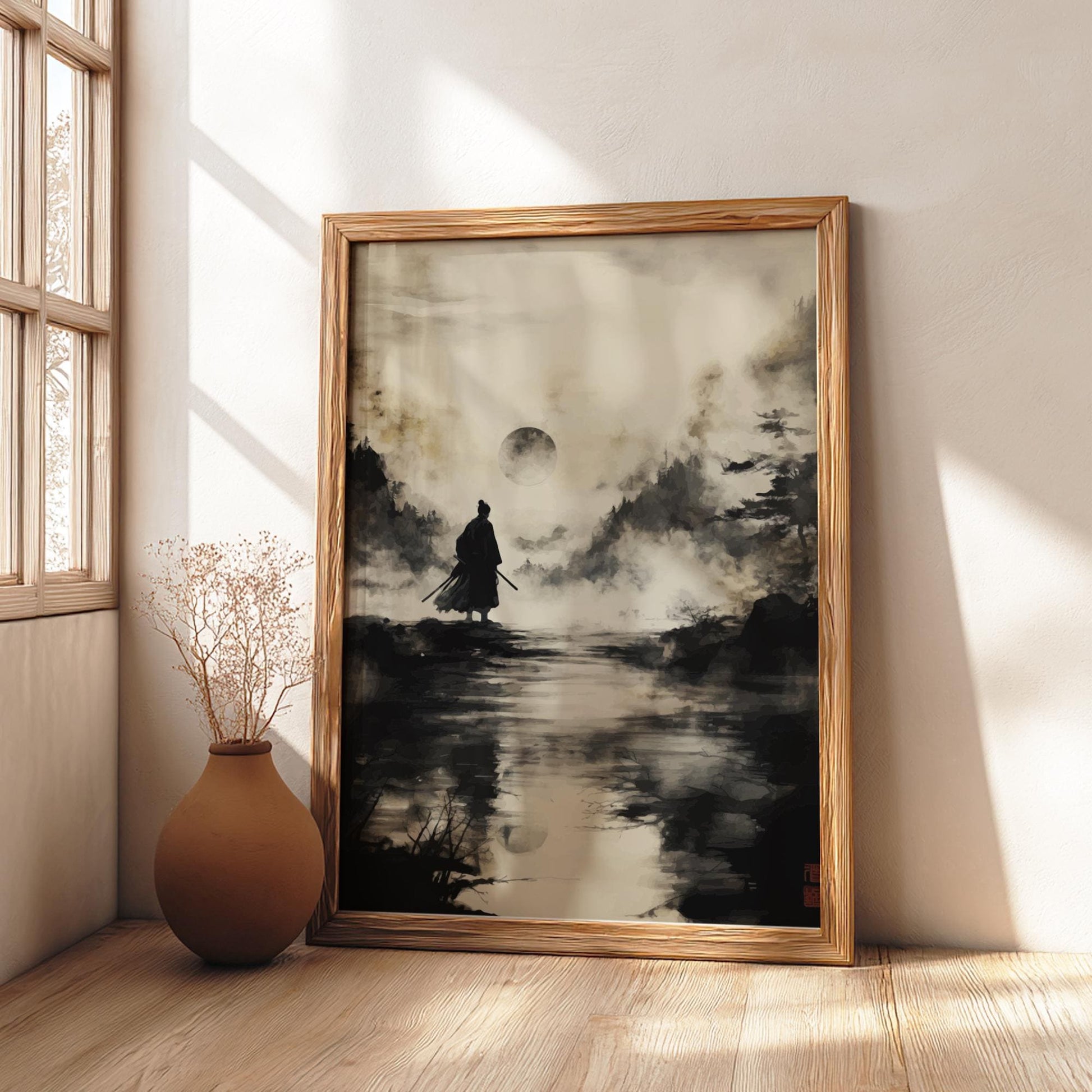 Passage on the Silent Water - Lone Samurai by the River Print, Japanese Ink Wash Landscape Art, Moonlit Sumi-e Wall Decor