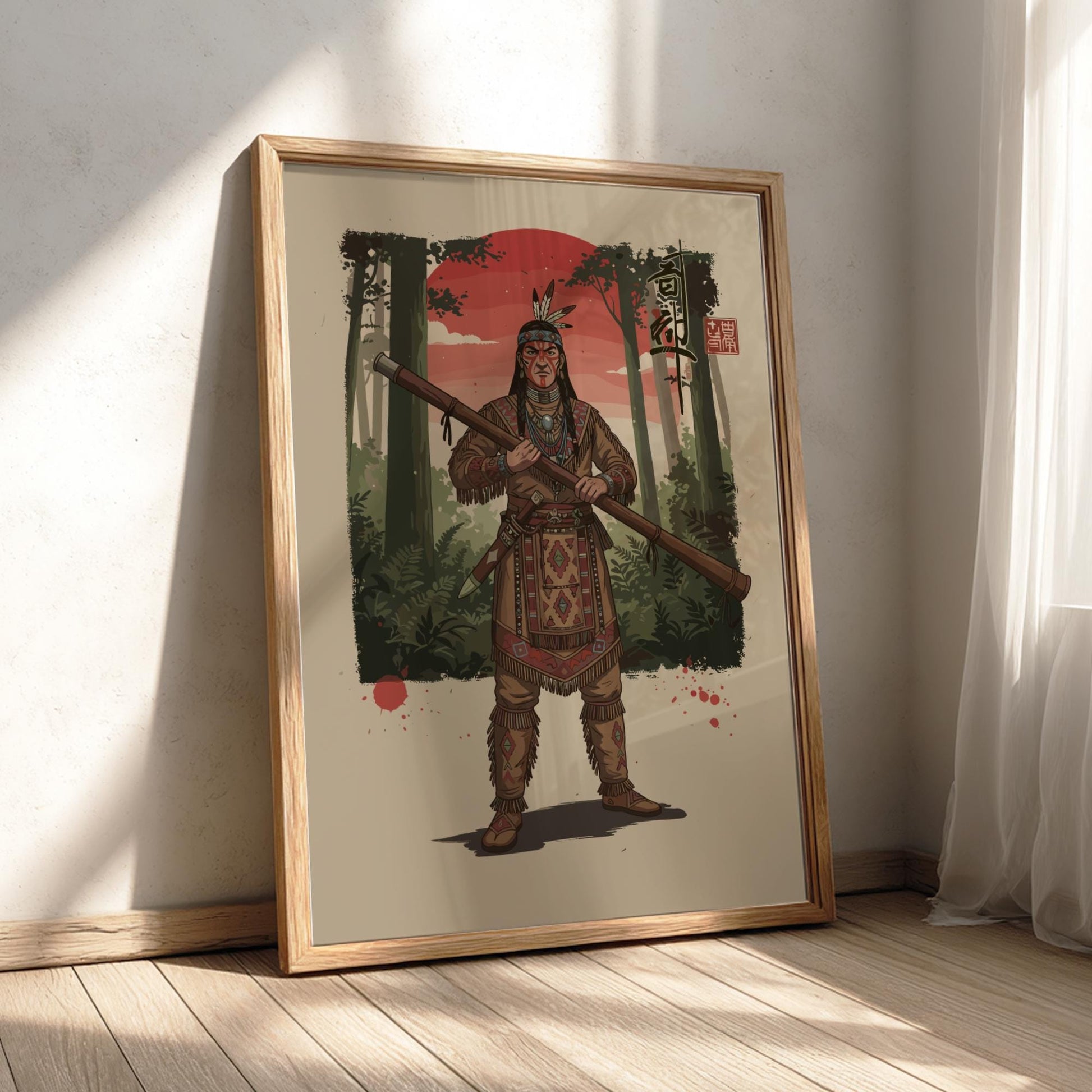 Cherokee Warrior Japanese Ink Art Print, Mixed Media Rising Sun Poster, Sumi-e Style Wall Decor