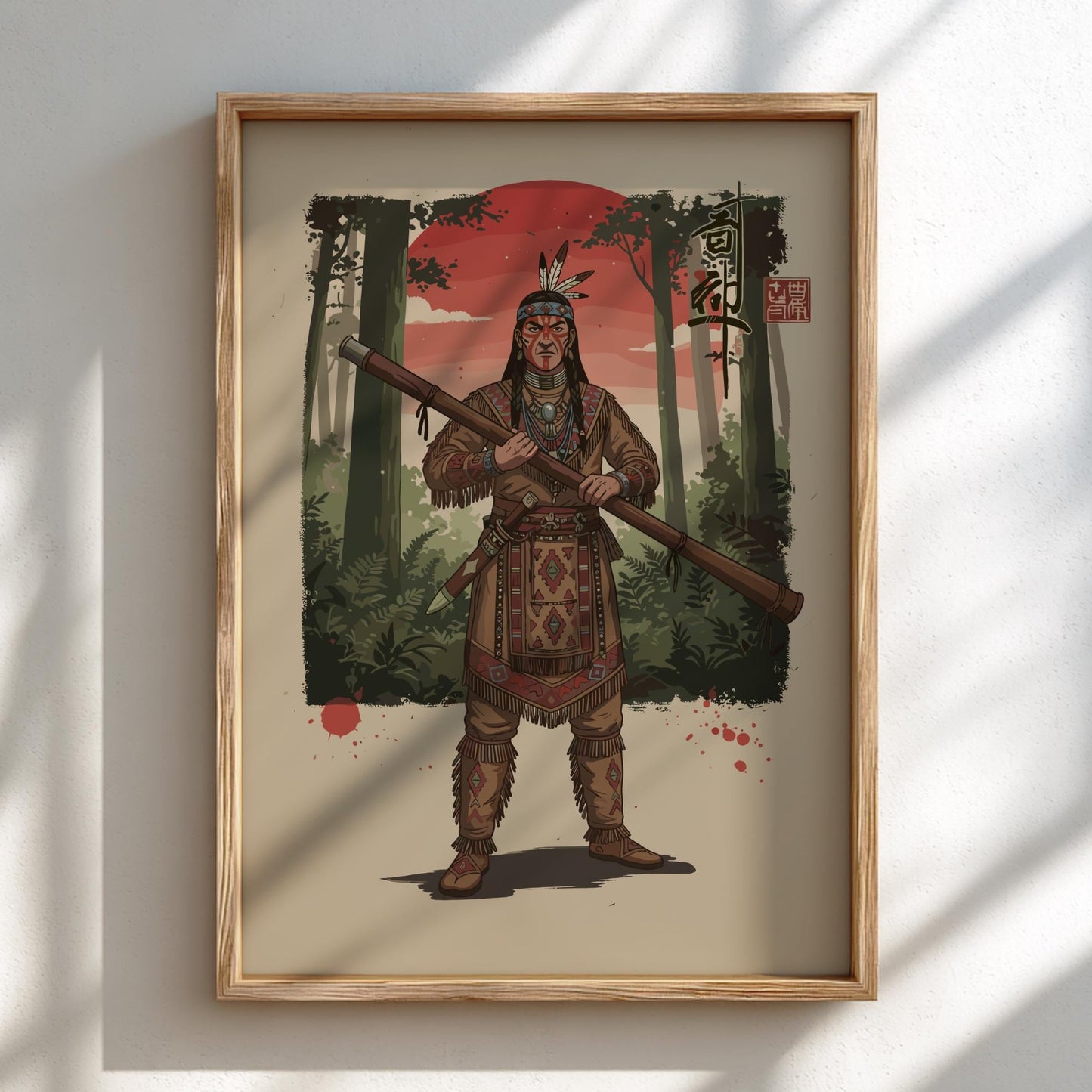 Cherokee Warrior Japanese Ink Art Print, Mixed Media Rising Sun Poster, Sumi-e Style Wall Decor