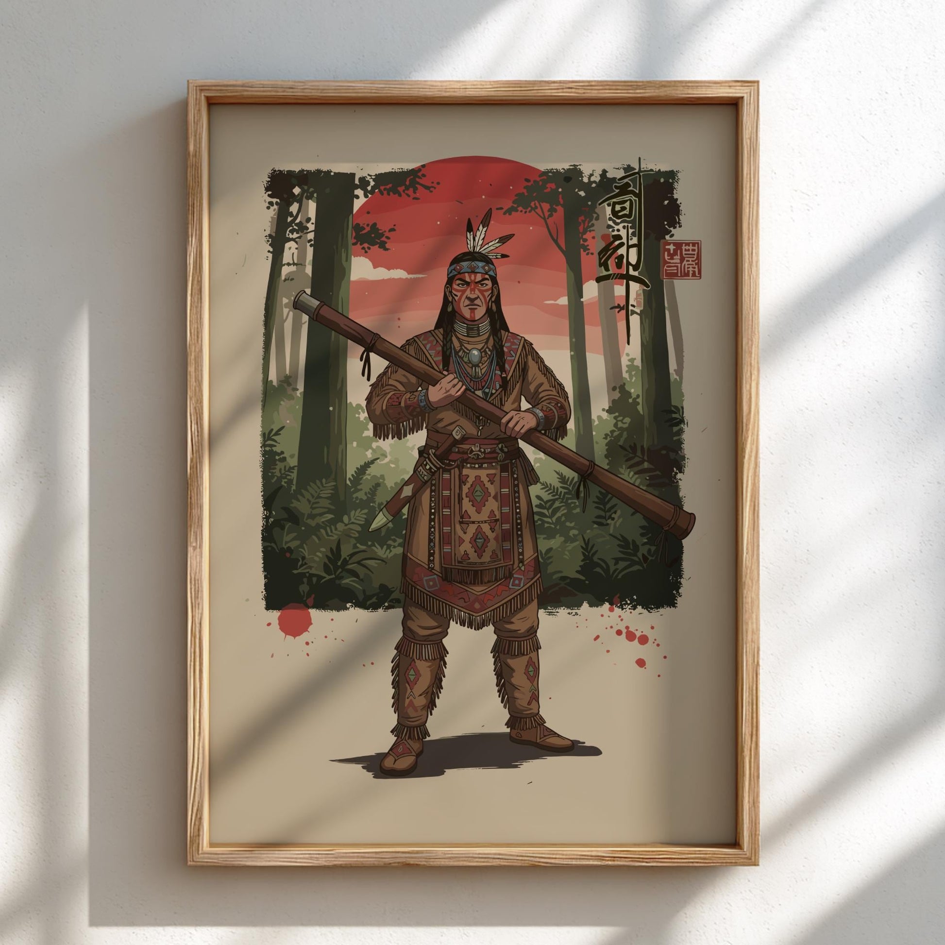 Cherokee Warrior Japanese Ink Art Print, Mixed Media Rising Sun Poster, Sumi-e Style Wall Decor
