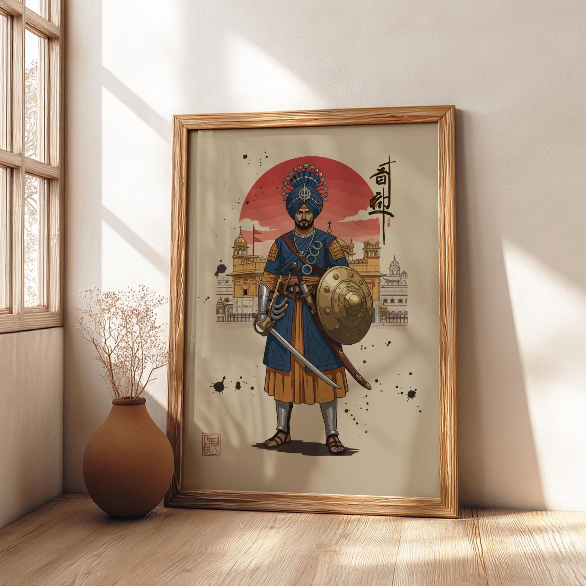 Sikh Khalsa Warrior Japanese Ink Art Print, Mixed Media Rising Sun Poster, Sumi-e Style Wall Decor