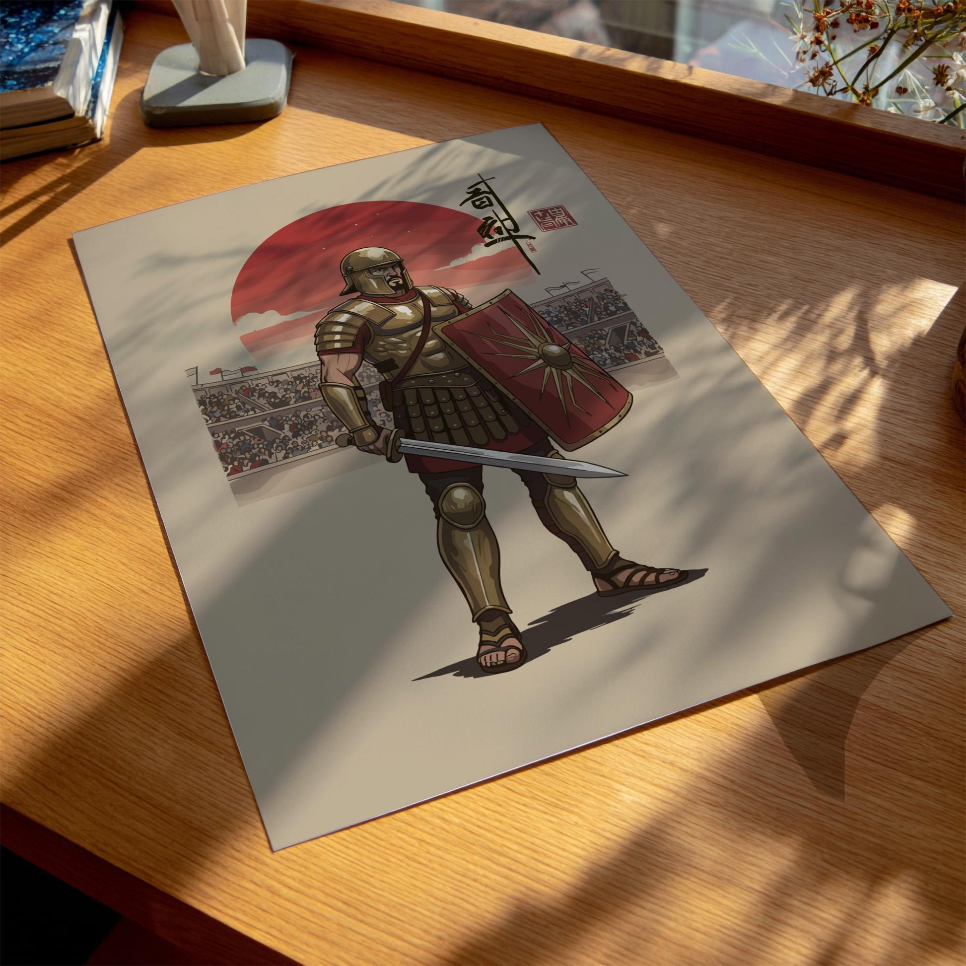 Gladiator Secutor Japanese Ink Art Print, Sumi-e Rising Sun Poster, Mixed Media Warrior Decor