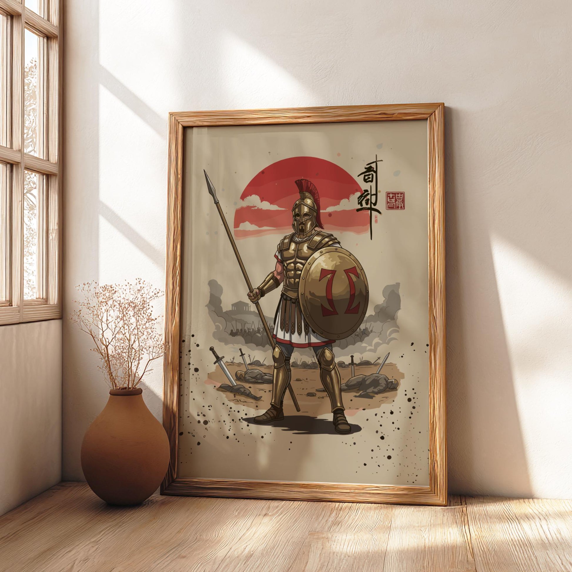 Hoplite Ancient Greek Warrior Japanese Ink Art Print, Sumi-e Rising Sun Poster, Mixed Media Decor