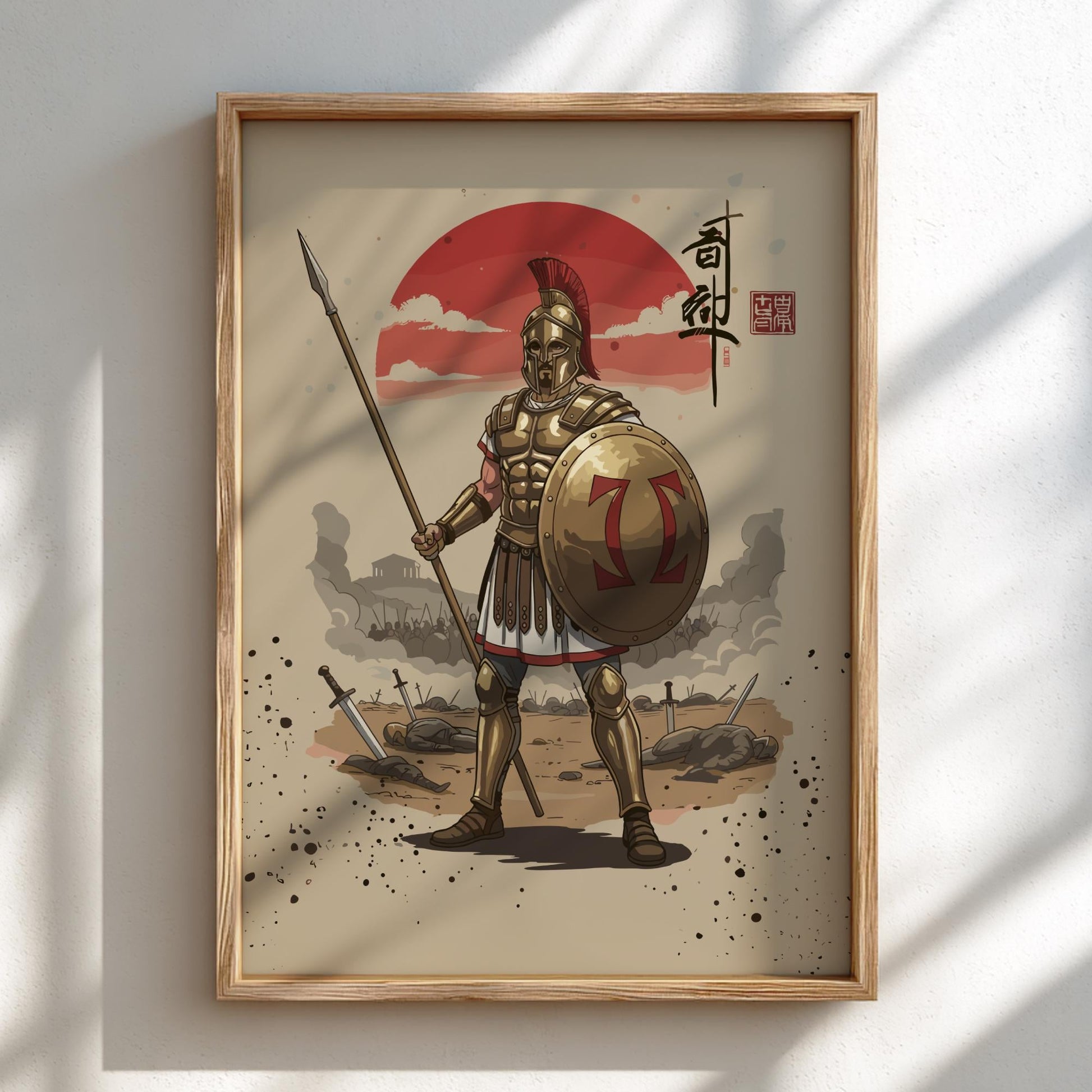 Hoplite Ancient Greek Warrior Japanese Ink Art Print, Sumi-e Rising Sun Poster, Mixed Media Decor