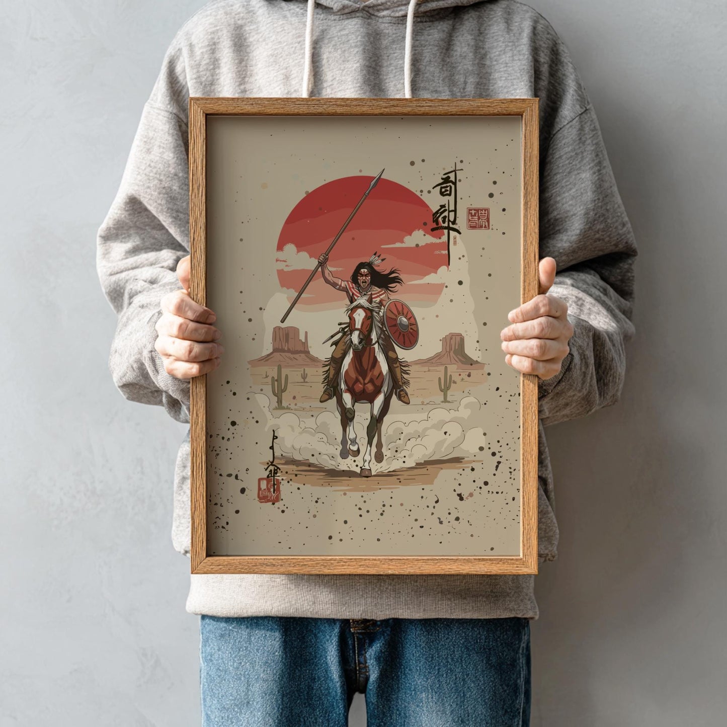 Comanche Rider Japanese Ink Art Print, Native Warrior Sumi-e Poster, Vintage Mixed Media Wall Decor