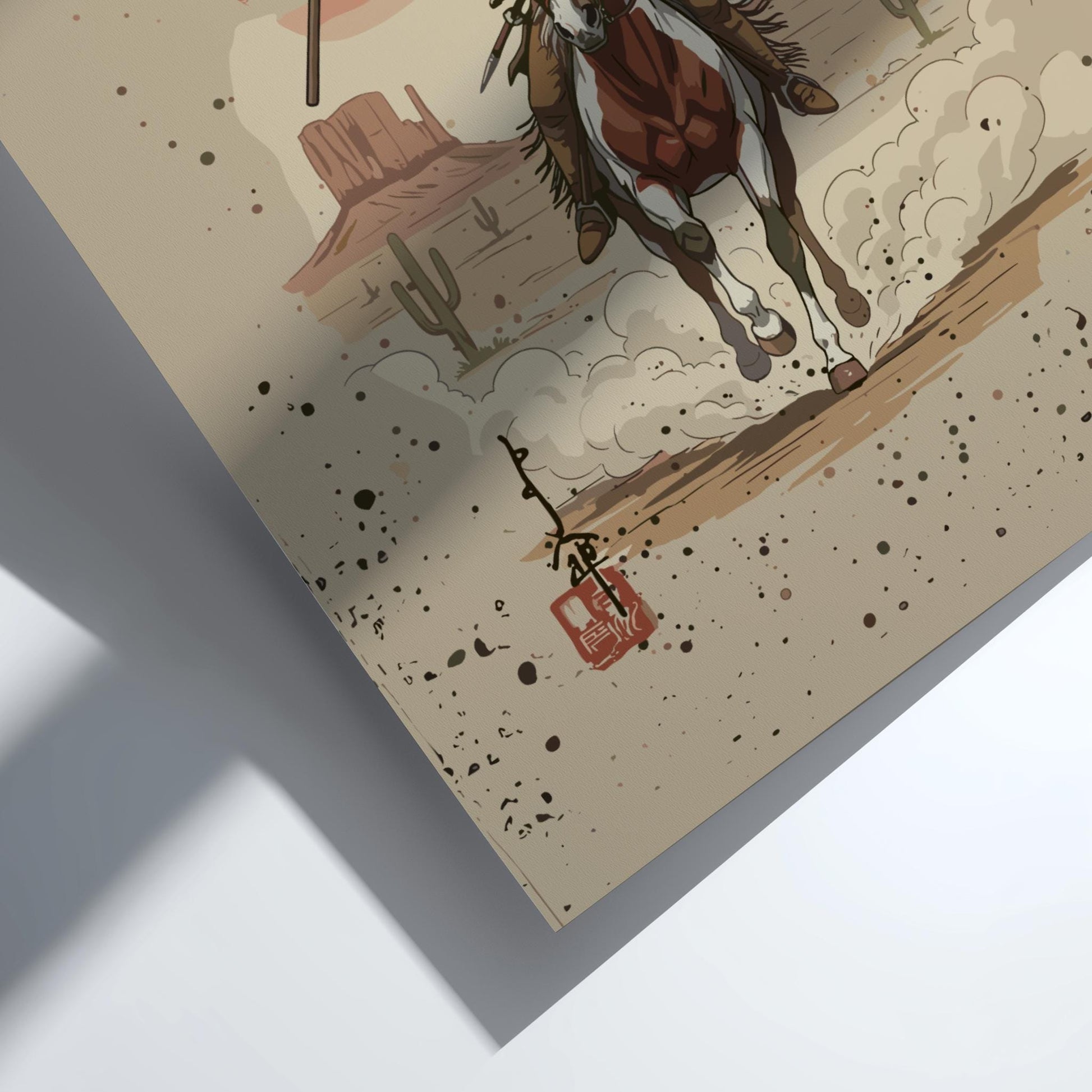 Comanche Rider Japanese Ink Art Print, Native Warrior Sumi-e Poster, Vintage Mixed Media Wall Decor