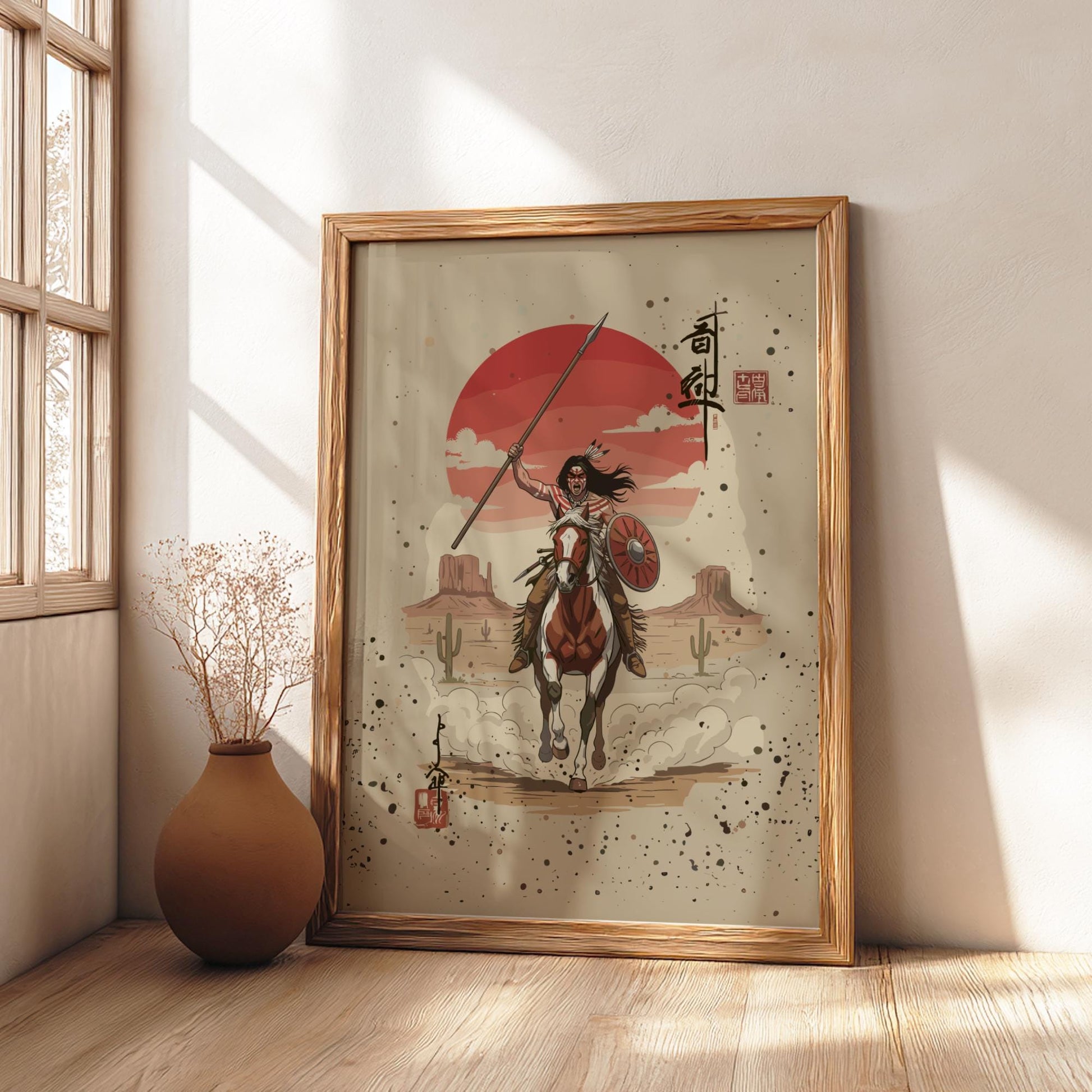 Comanche Rider Japanese Ink Art Print, Native Warrior Sumi-e Poster, Vintage Mixed Media Wall Decor