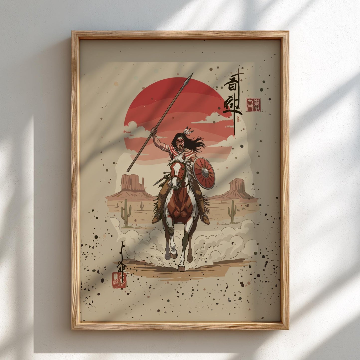 Comanche Rider Japanese Ink Art Print, Native Warrior Sumi-e Poster, Vintage Mixed Media Wall Decor
