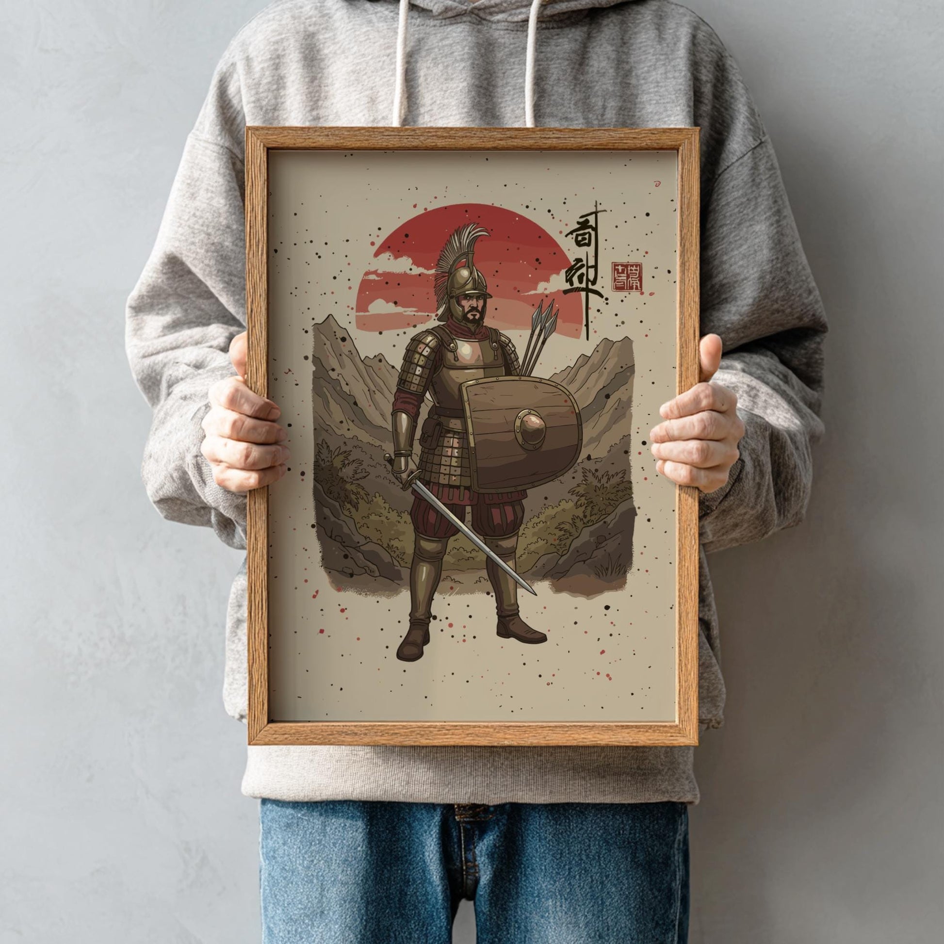 Samnite Warrior Japanese Ink Art Print, Sumi-e Rising Sun Poster, Mixed Media Wall Decor