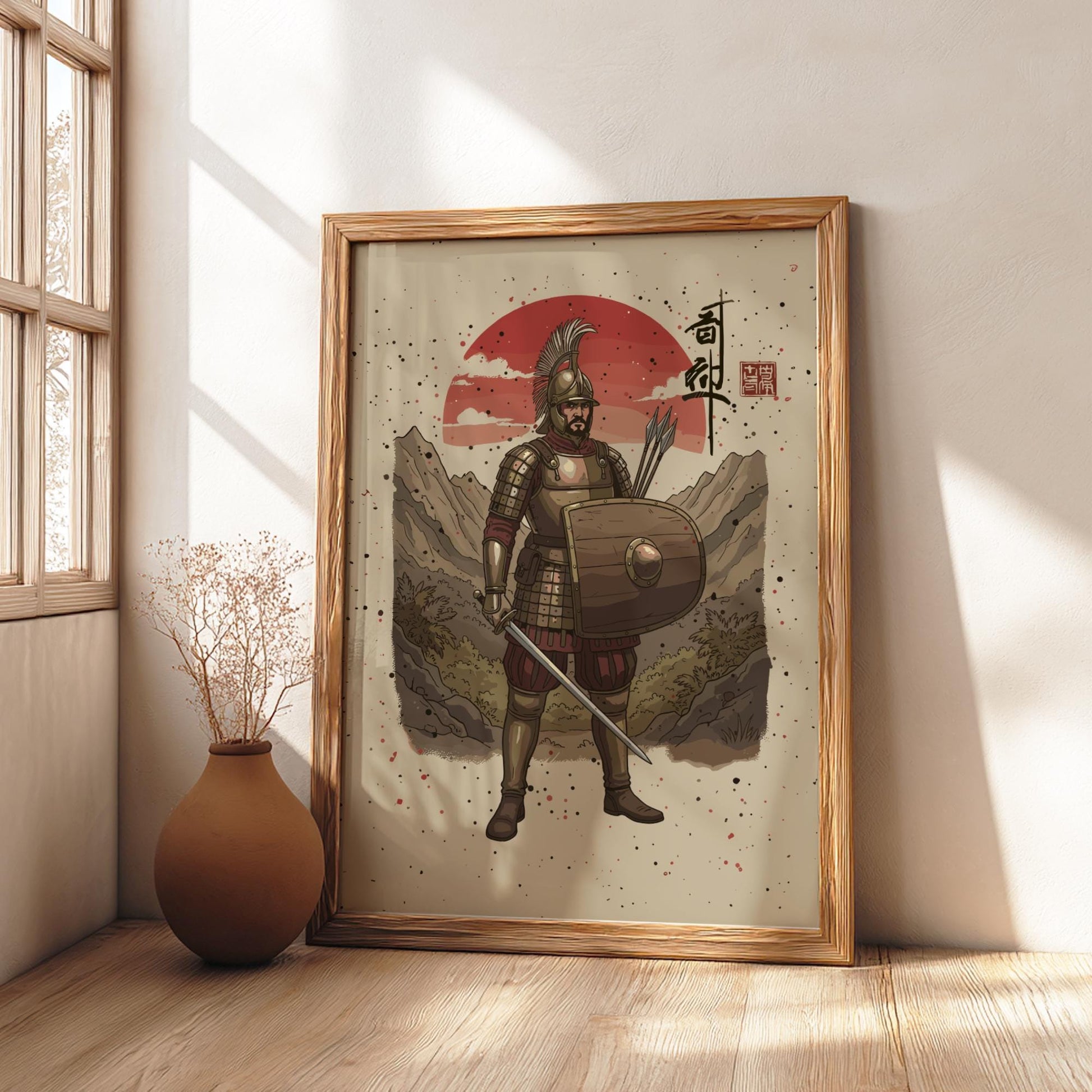 Samnite Warrior Japanese Ink Art Print, Sumi-e Rising Sun Poster, Mixed Media Wall Decor
