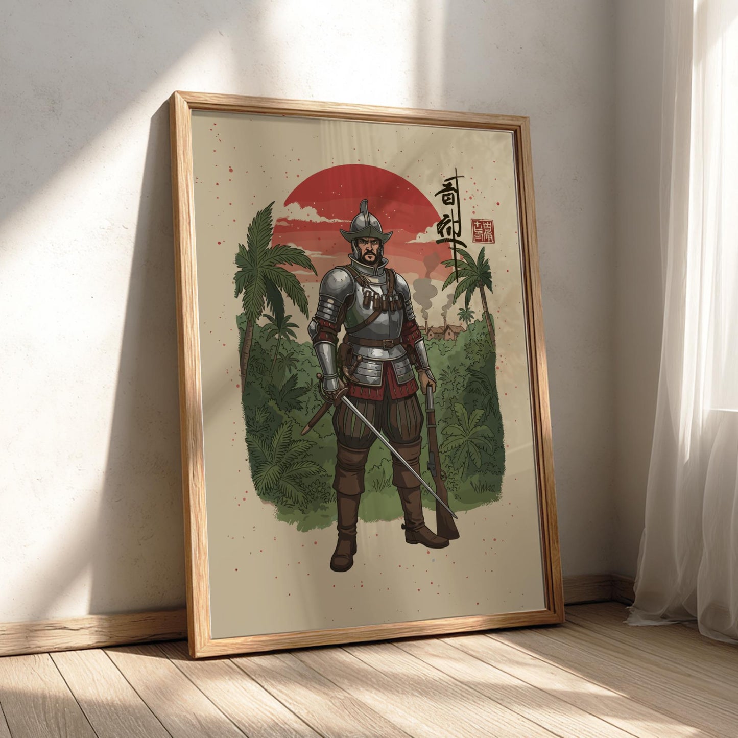 Conquistador Warrior Japanese Ink Art Print, Sumi-e Rising Sun Poster, Mixed Media Wall Decor