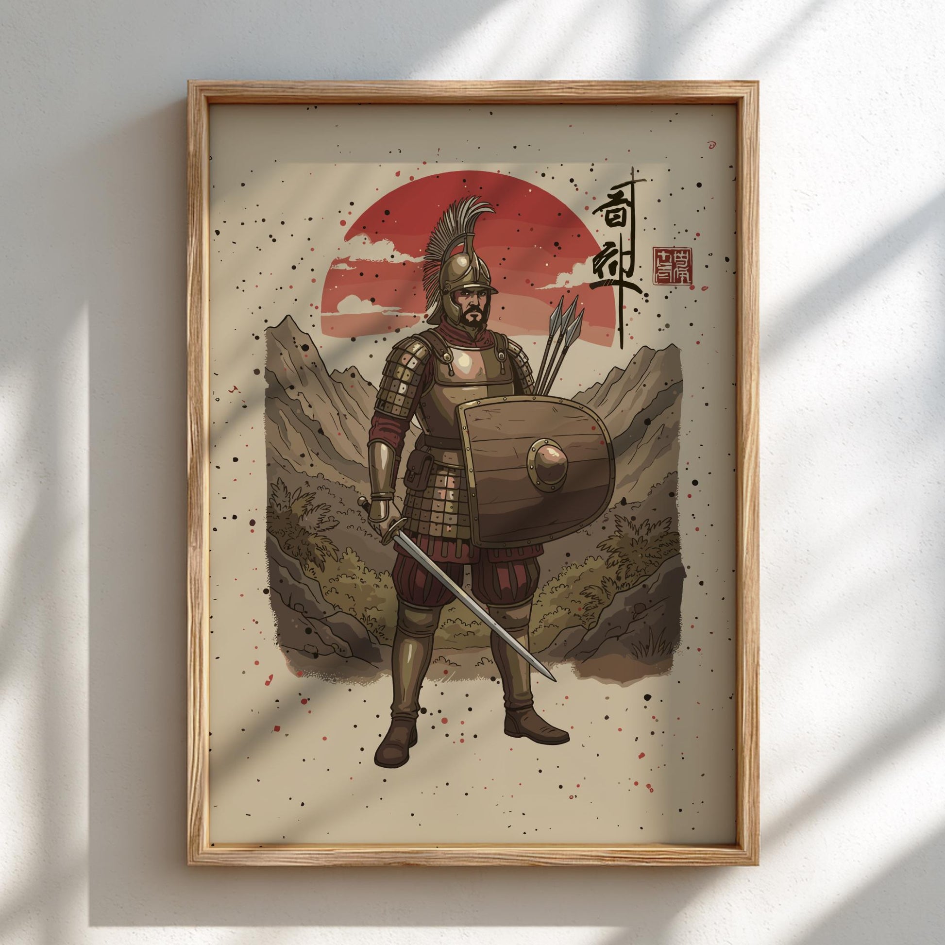 Samnite Warrior Japanese Ink Art Print, Sumi-e Rising Sun Poster, Mixed Media Wall Decor