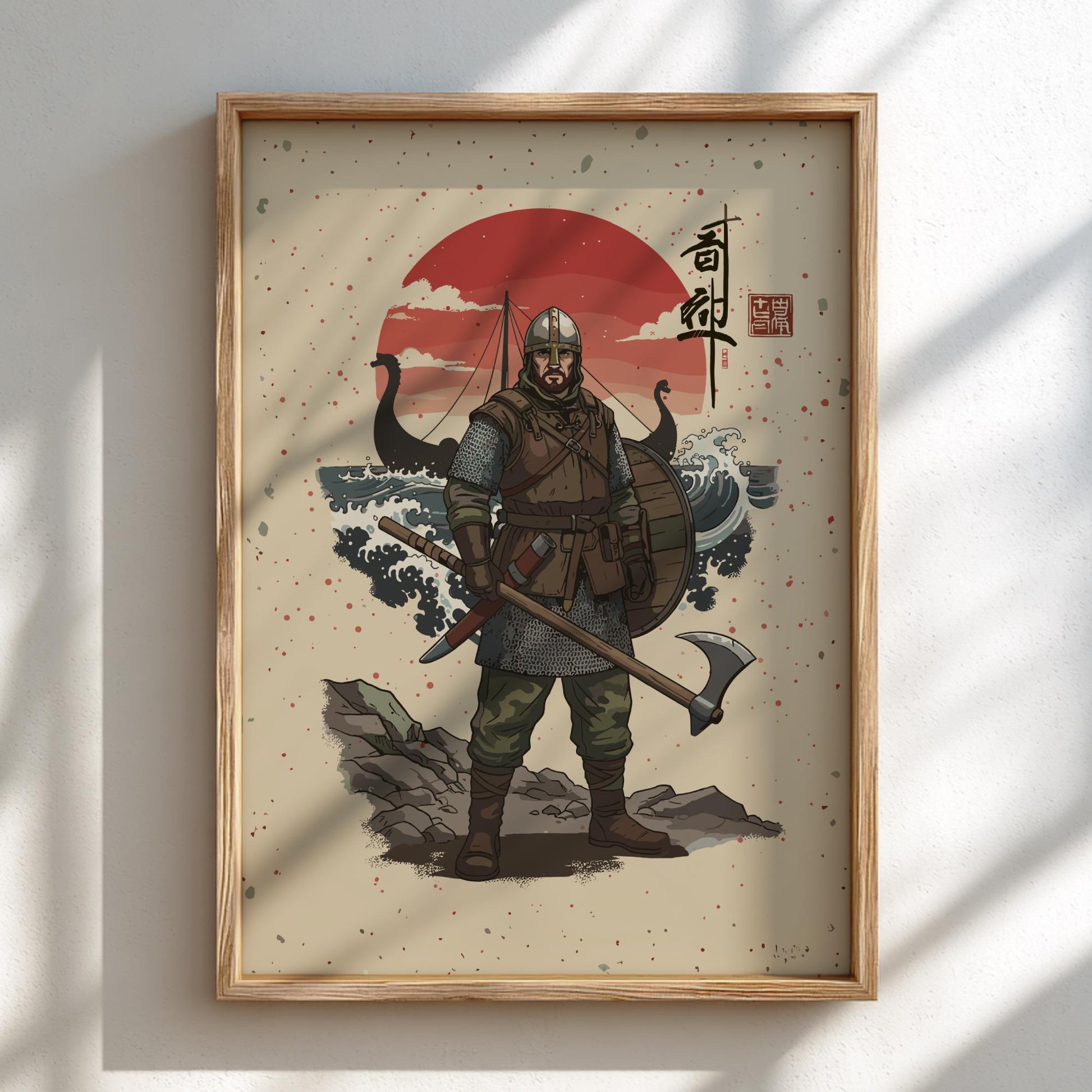 Viking Huscarl Japanese Ink Art Print, Sumi-e Rising Sun Poster, Mixed Media Warrior Decor