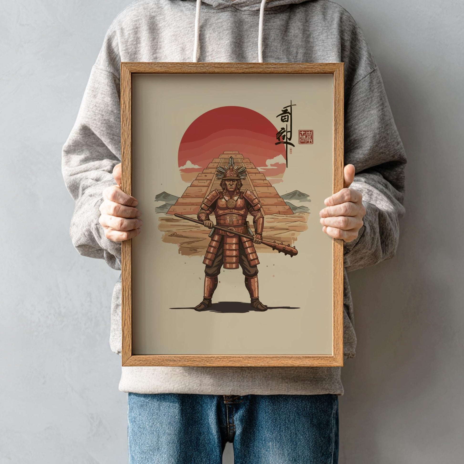 Moche Chieftain Japanese Ink Art Print, Sumi-e Rising Sun Poster, Mixed Media Warrior Decor