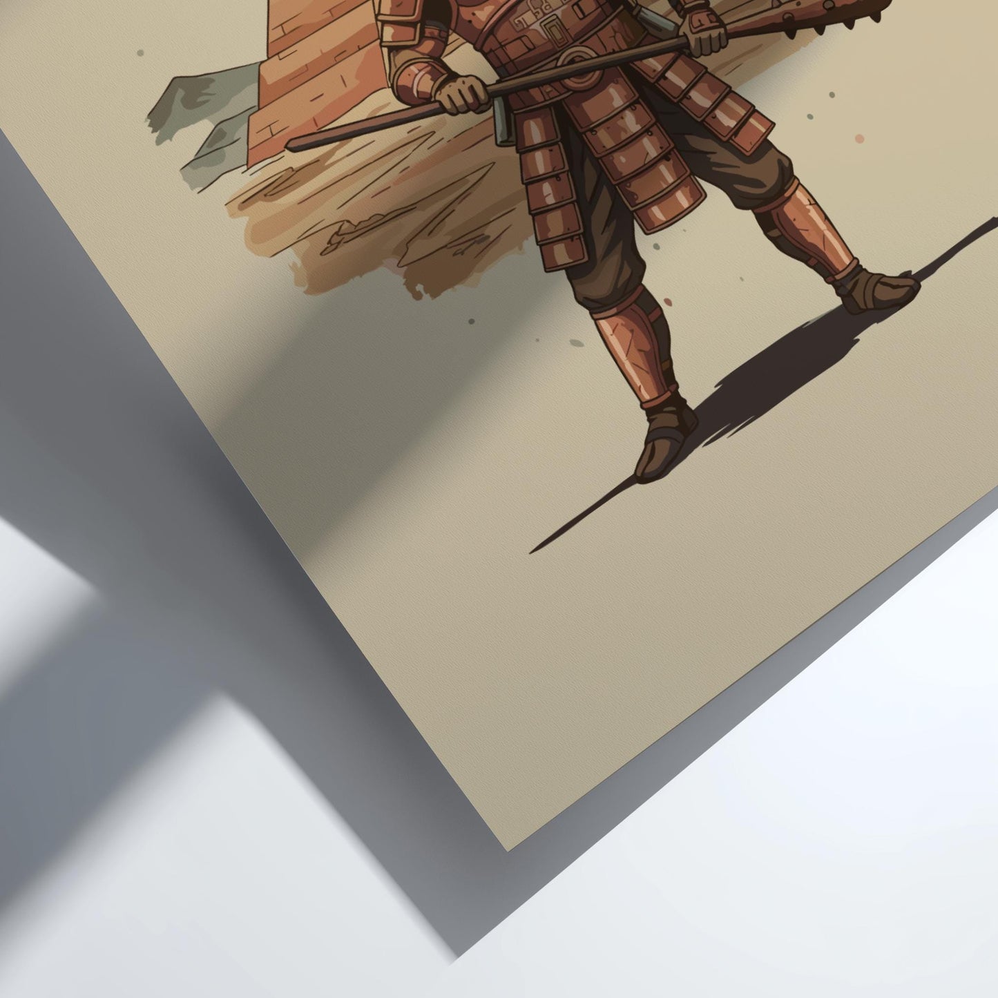 Moche Chieftain Japanese Ink Art Print, Sumi-e Rising Sun Poster, Mixed Media Warrior Decor