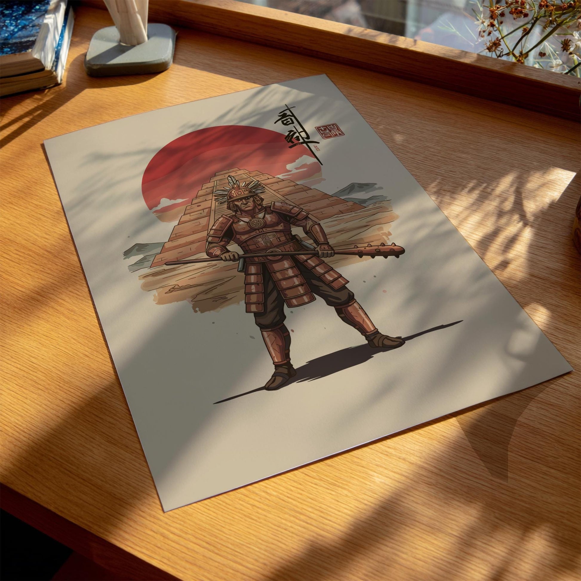 Moche Chieftain Japanese Ink Art Print, Sumi-e Rising Sun Poster, Mixed Media Warrior Decor