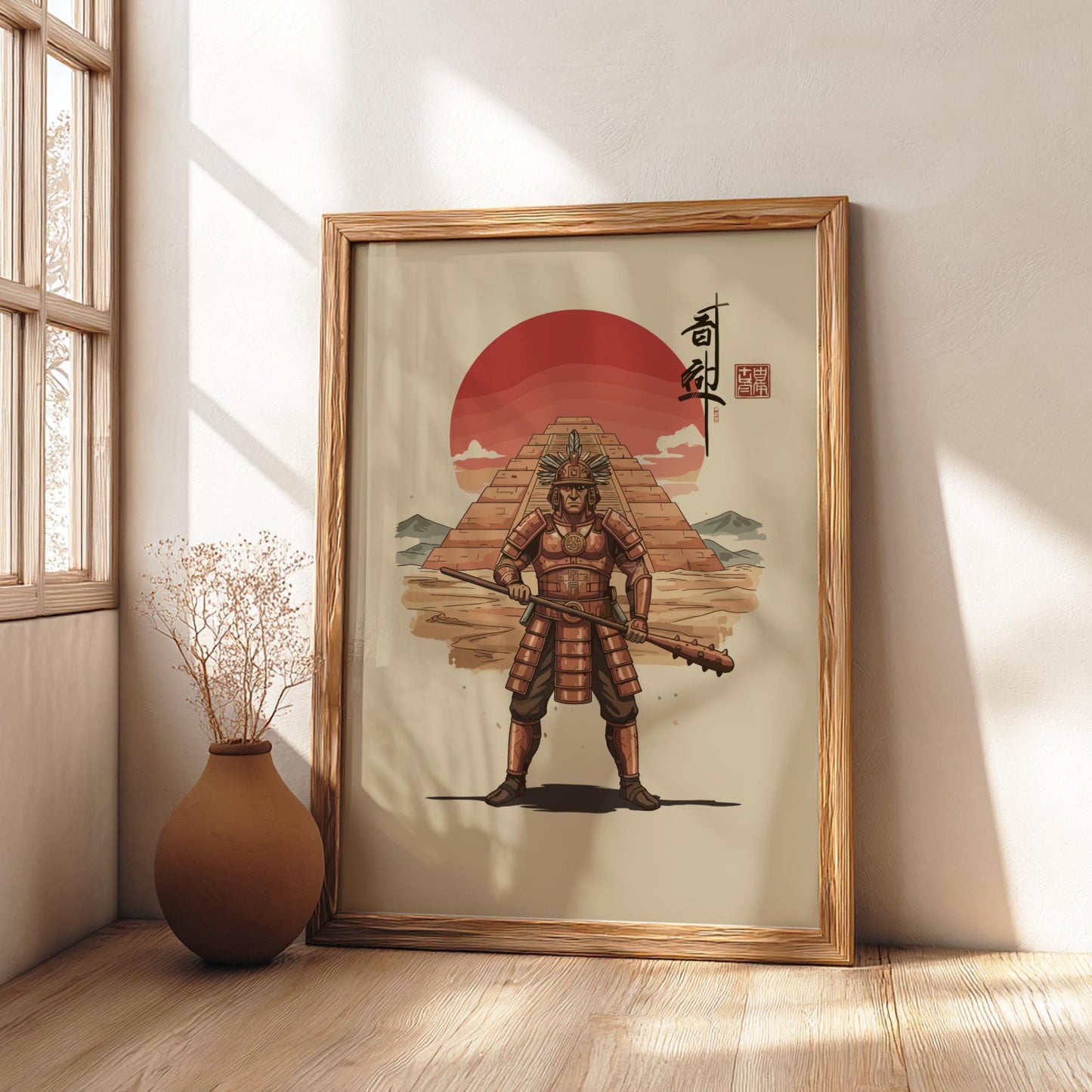 Moche Chieftain Japanese Ink Art Print, Sumi-e Rising Sun Poster, Mixed Media Warrior Decor