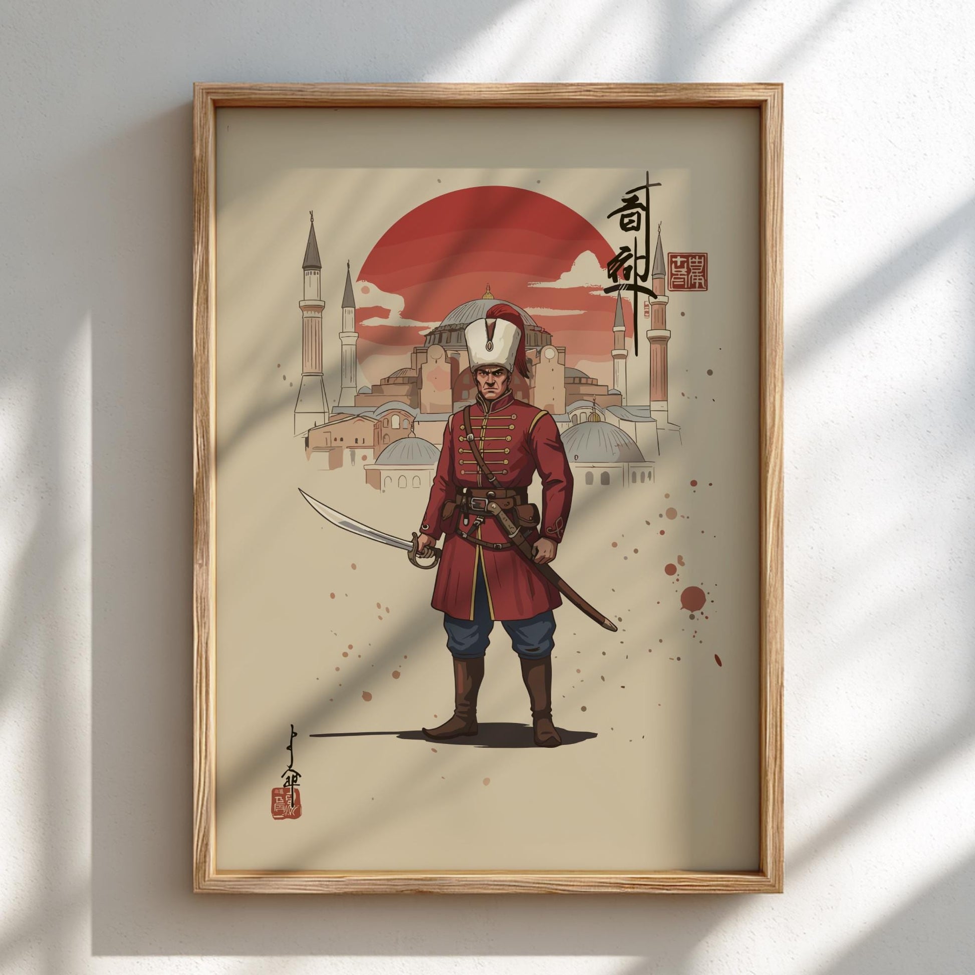 Janissary Ottoman Warrior Japanese Ink Art Print, Sumi-e Rising Sun Poster, Mixed Media Decor
