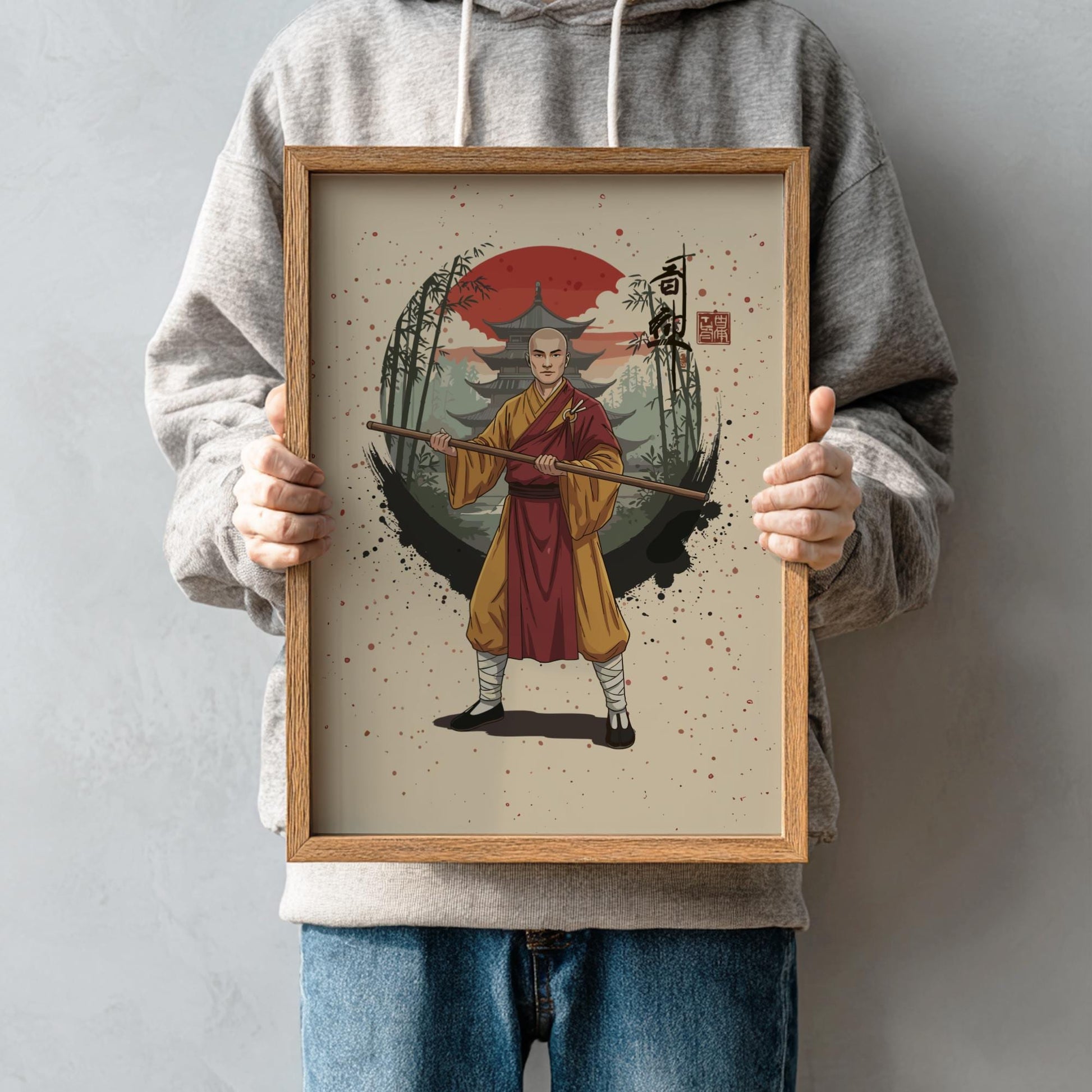 Shaolin Monk Warrior Japanese Ink Art Print, Sumi-e Rising Sun Poster, Mixed Media Wall Decor