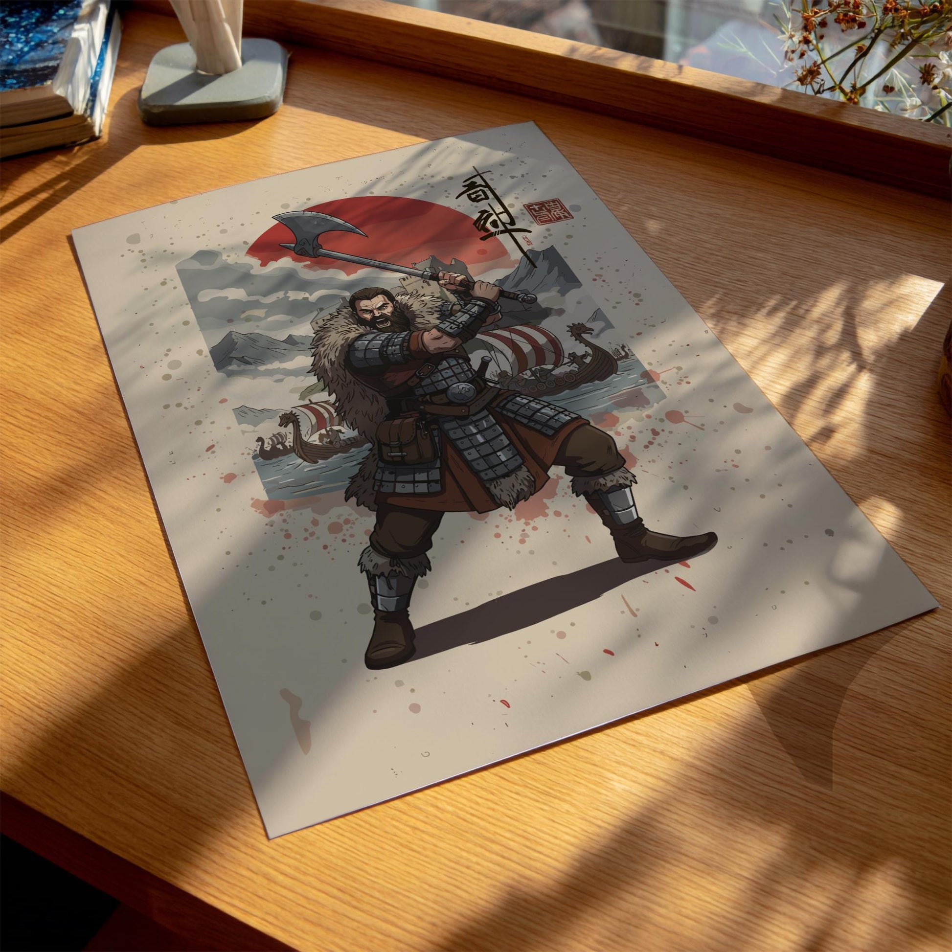 Viking Berserker Japanese Ink Art Print, Sumi-e Rising Sun Poster, Mixed Media Warrior Decor