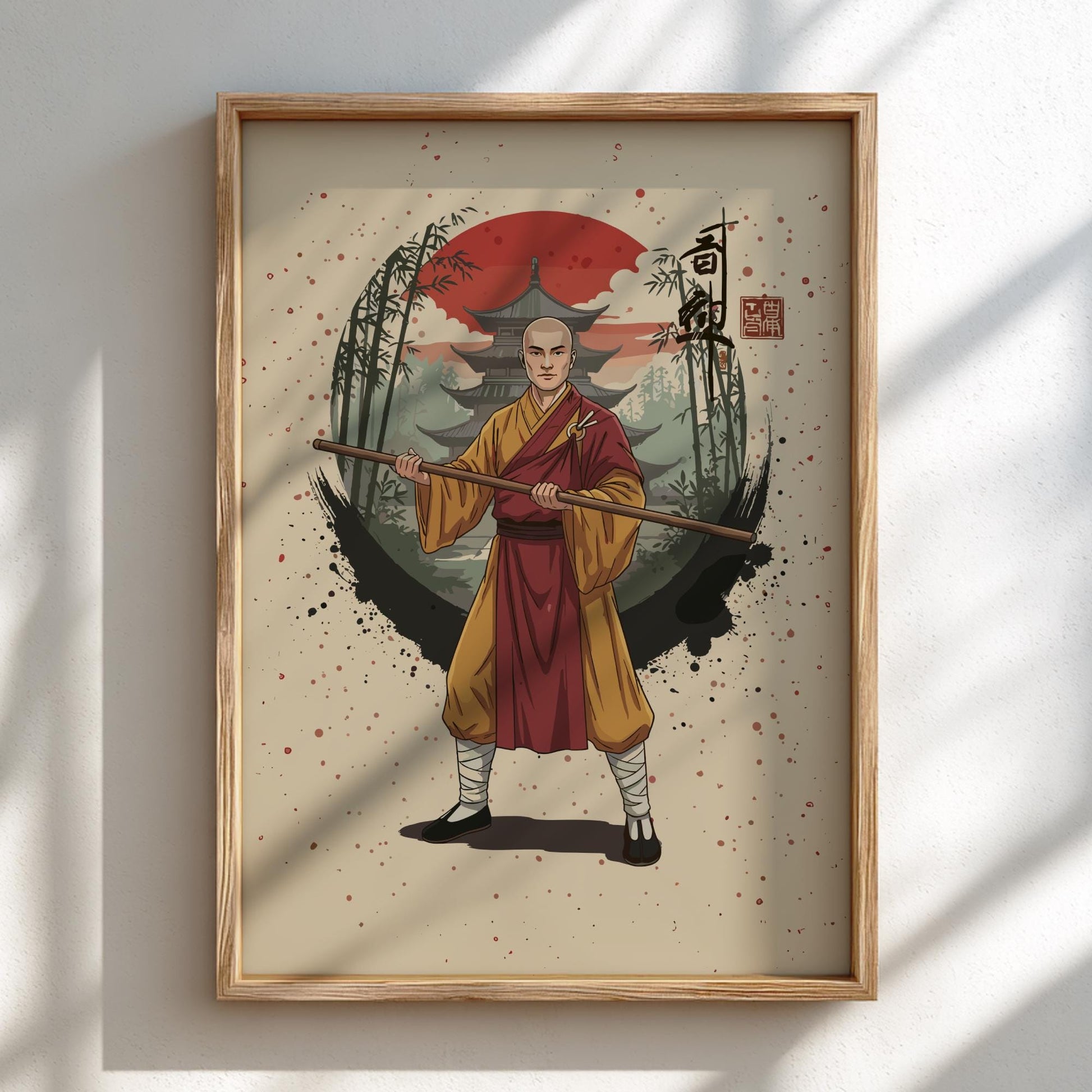 Shaolin Monk Warrior Japanese Ink Art Print, Sumi-e Rising Sun Poster, Mixed Media Wall Decor