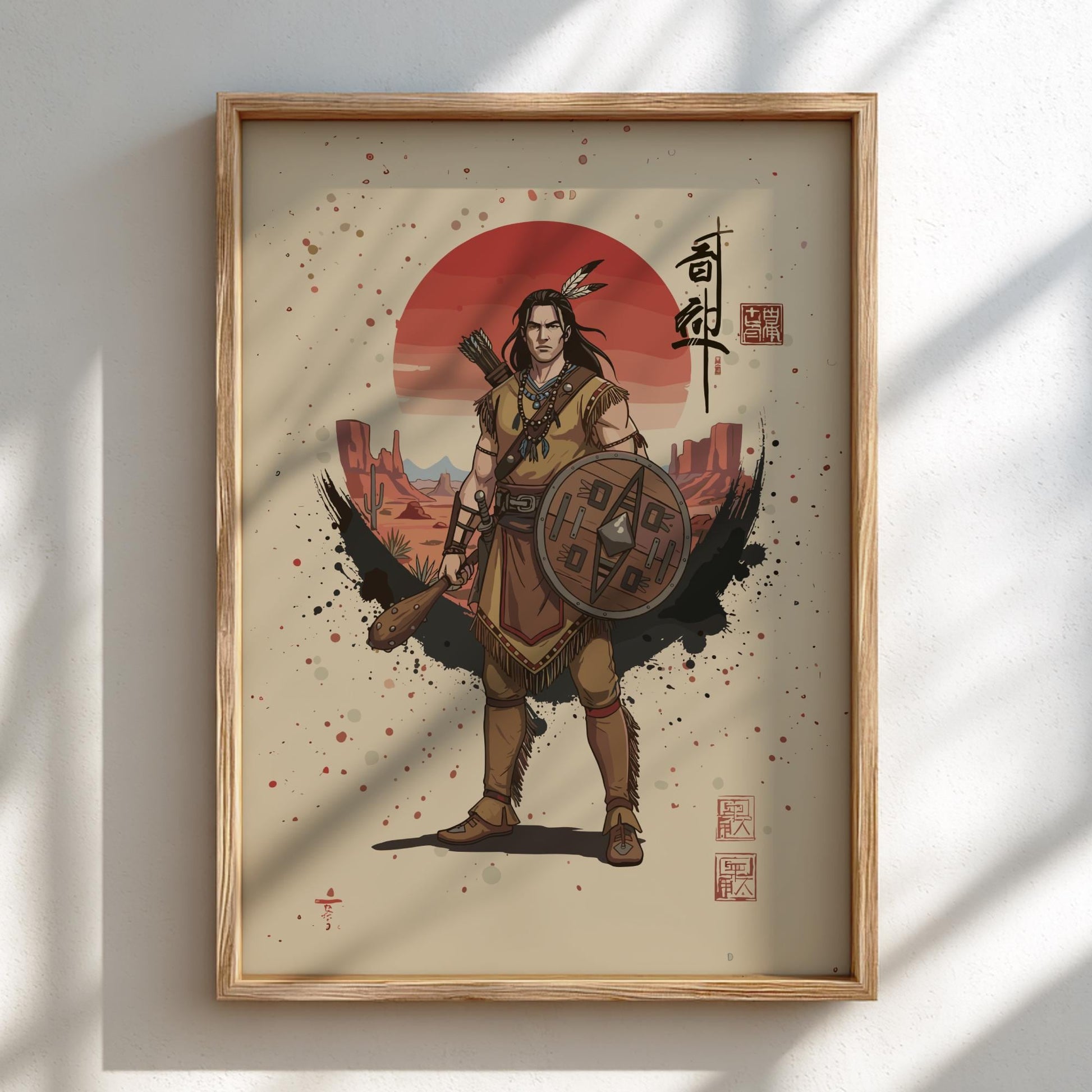Apache Warrior Japanese Ink Art Print, Sumi-e Rising Sun Poster, Mixed Media Wall Decor