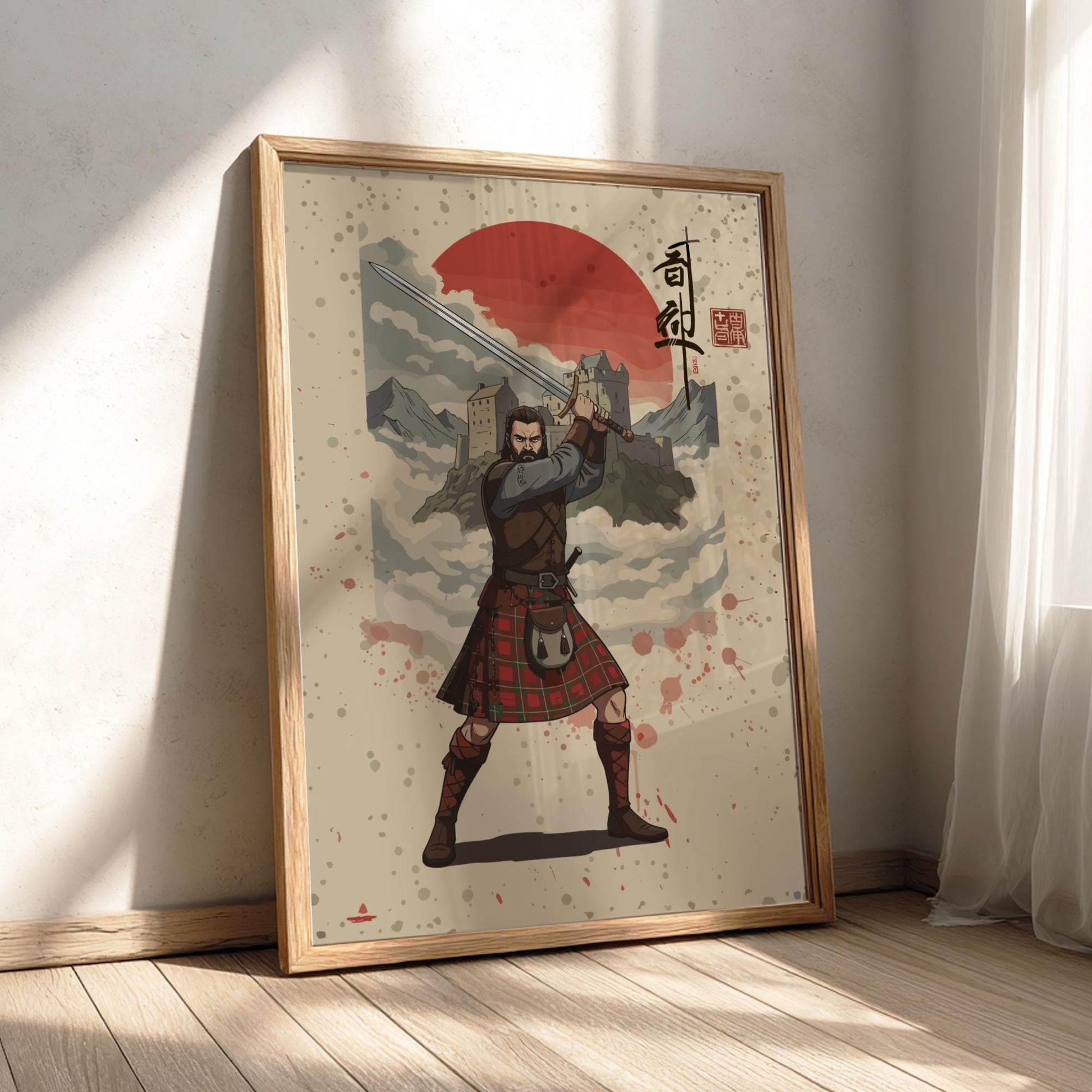 Highland Scottish Warrior Japanese Ink Art Print, Sumi-e Rising Sun Poster, Mixed Media Wall Decor