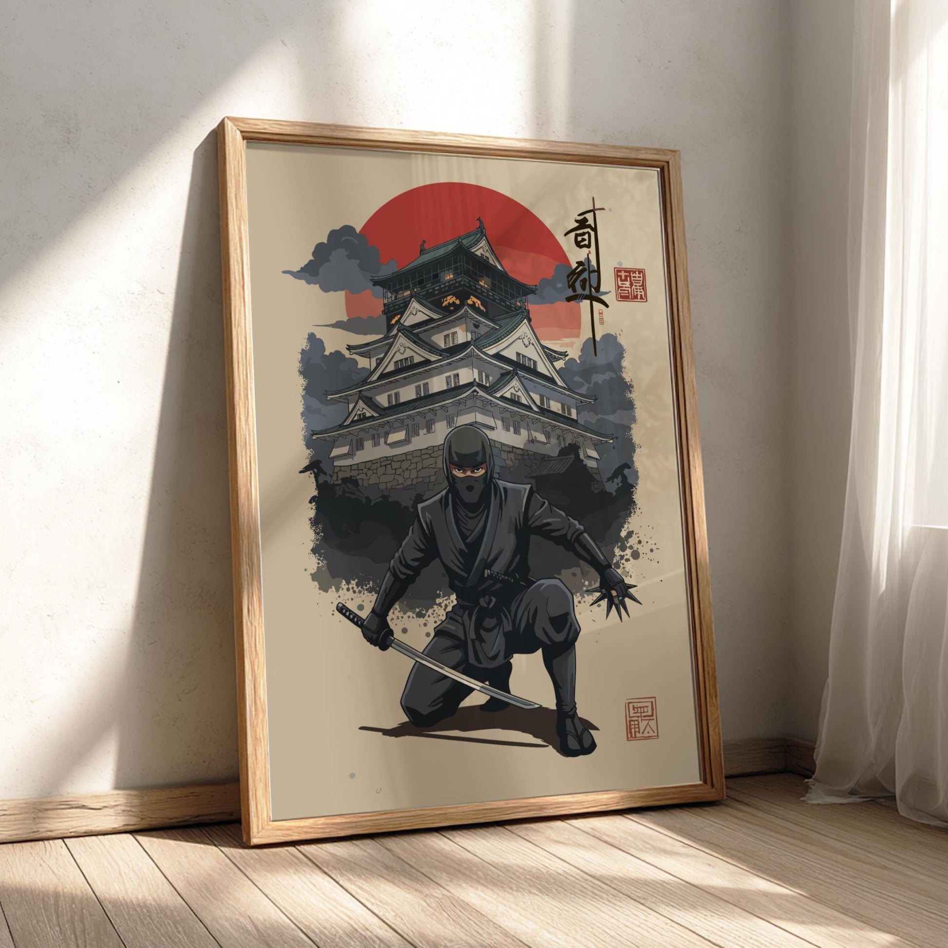 Ninja Assassin Japanese Ink Art Print, Sumi-e Rising Sun Poster, Mixed Media Warrior Decor