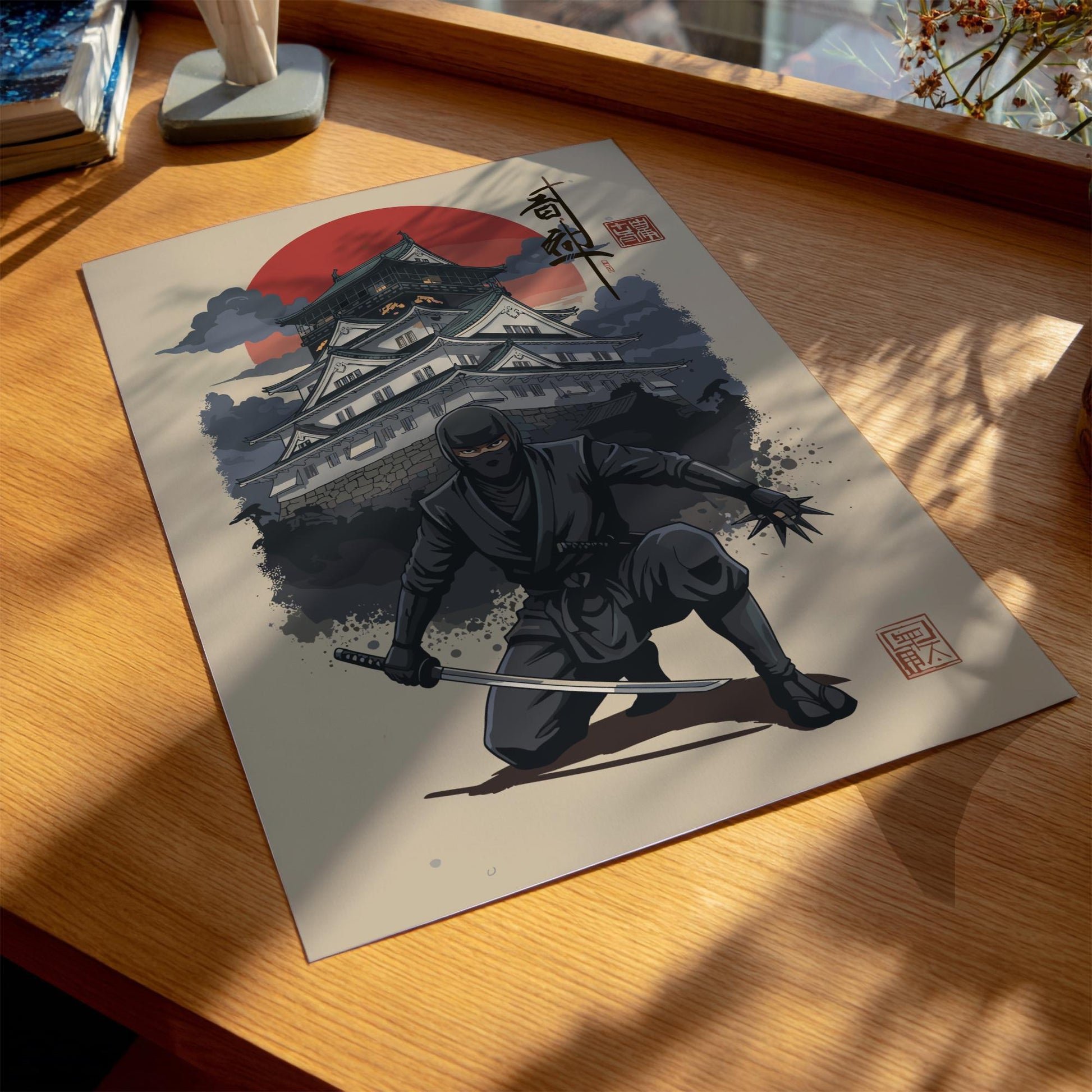 Ninja Assassin Japanese Ink Art Print, Sumi-e Rising Sun Poster, Mixed Media Warrior Decor