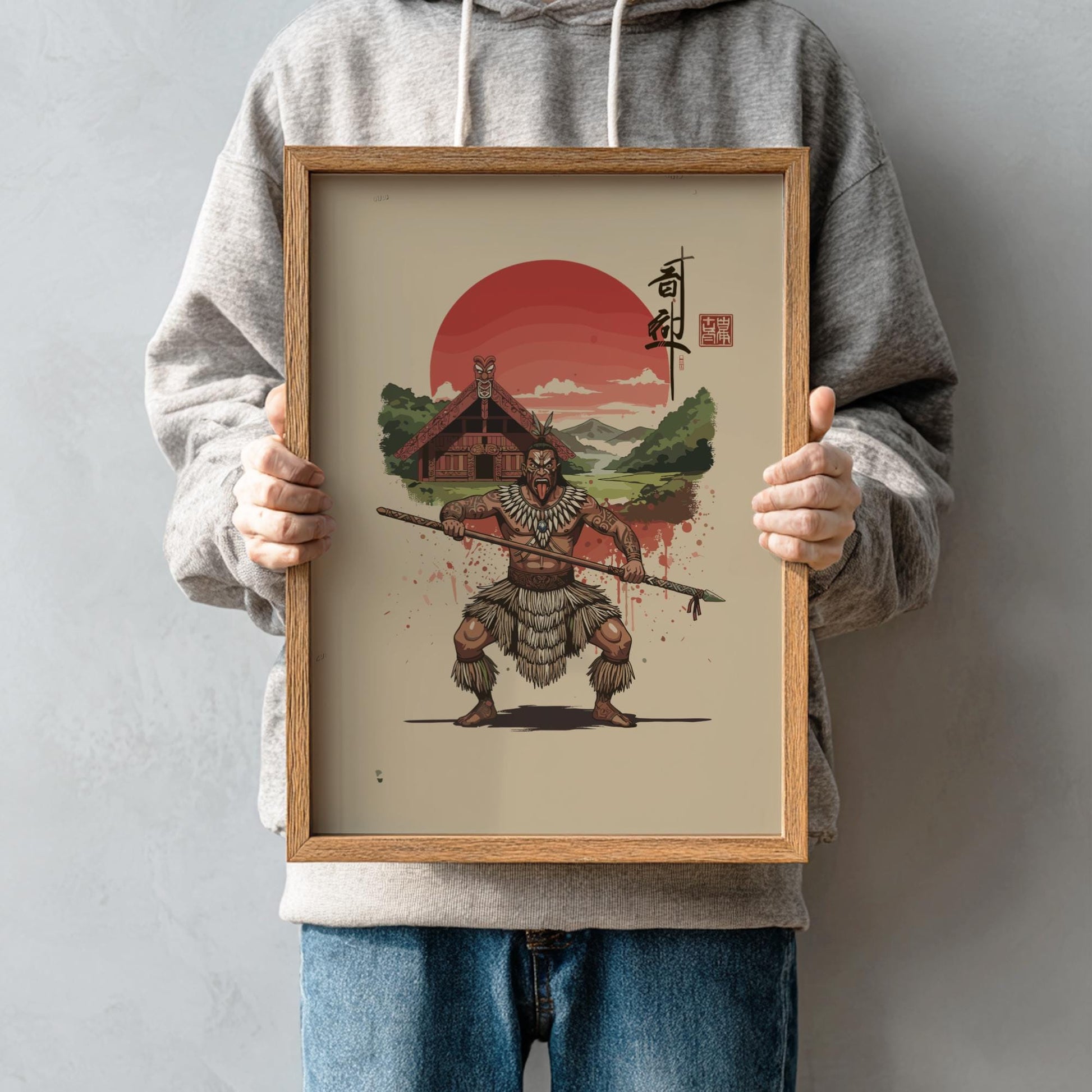 Maori Warrior Japanese Ink Art Print, Sumi-e Rising Sun Poster, Mixed Media Wall Decor