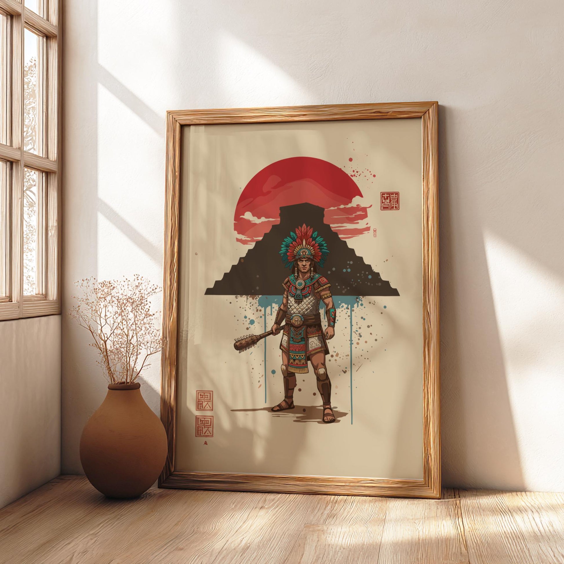 Aztec Warrior Japanese Ink Art Print, Sumi-e Rising Sun Poster, Mixed Media Wall Decor