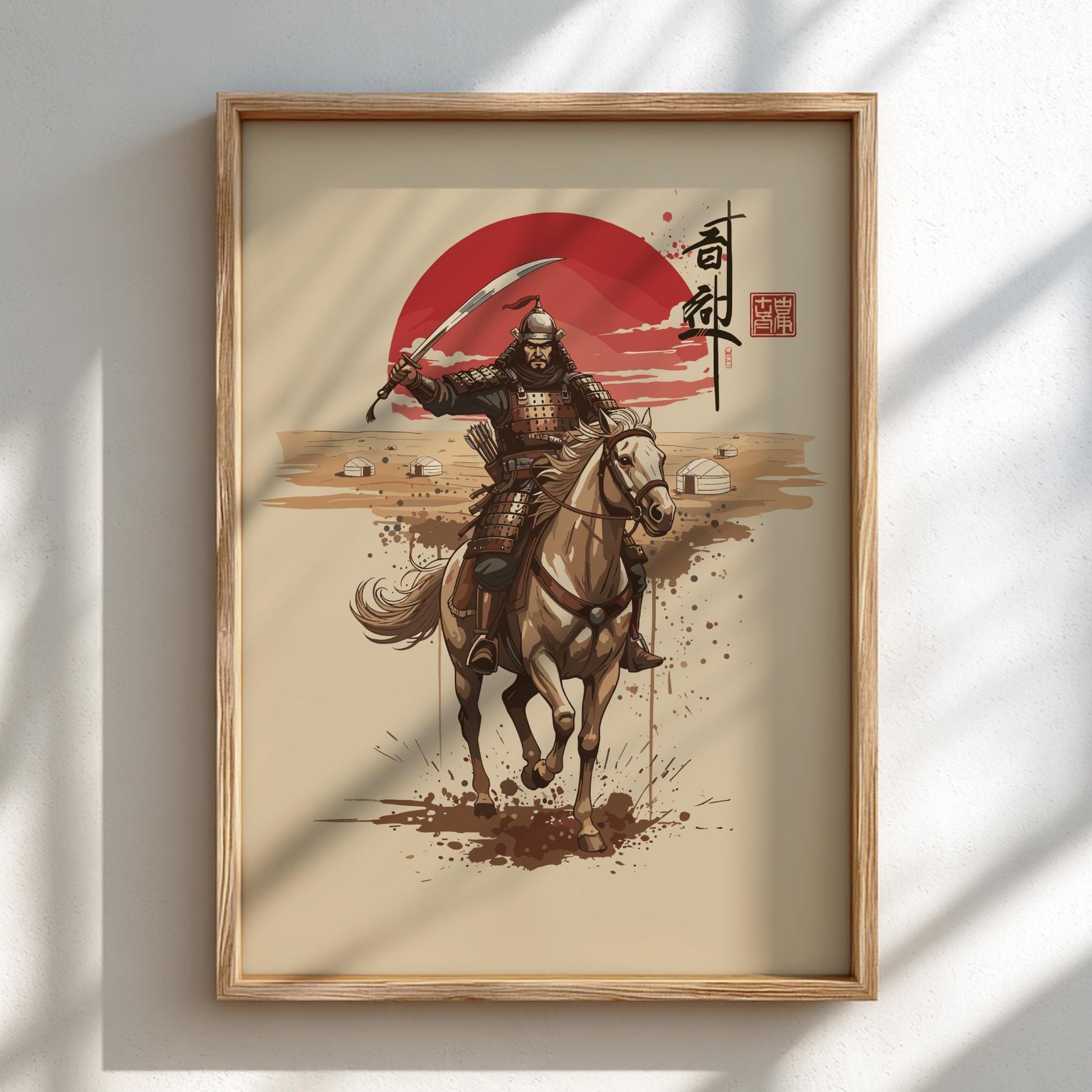 Mongol Warrior Japanese Ink Art Print, Sumi-e Rising Sun Poster, Mixed Media Wall Decor