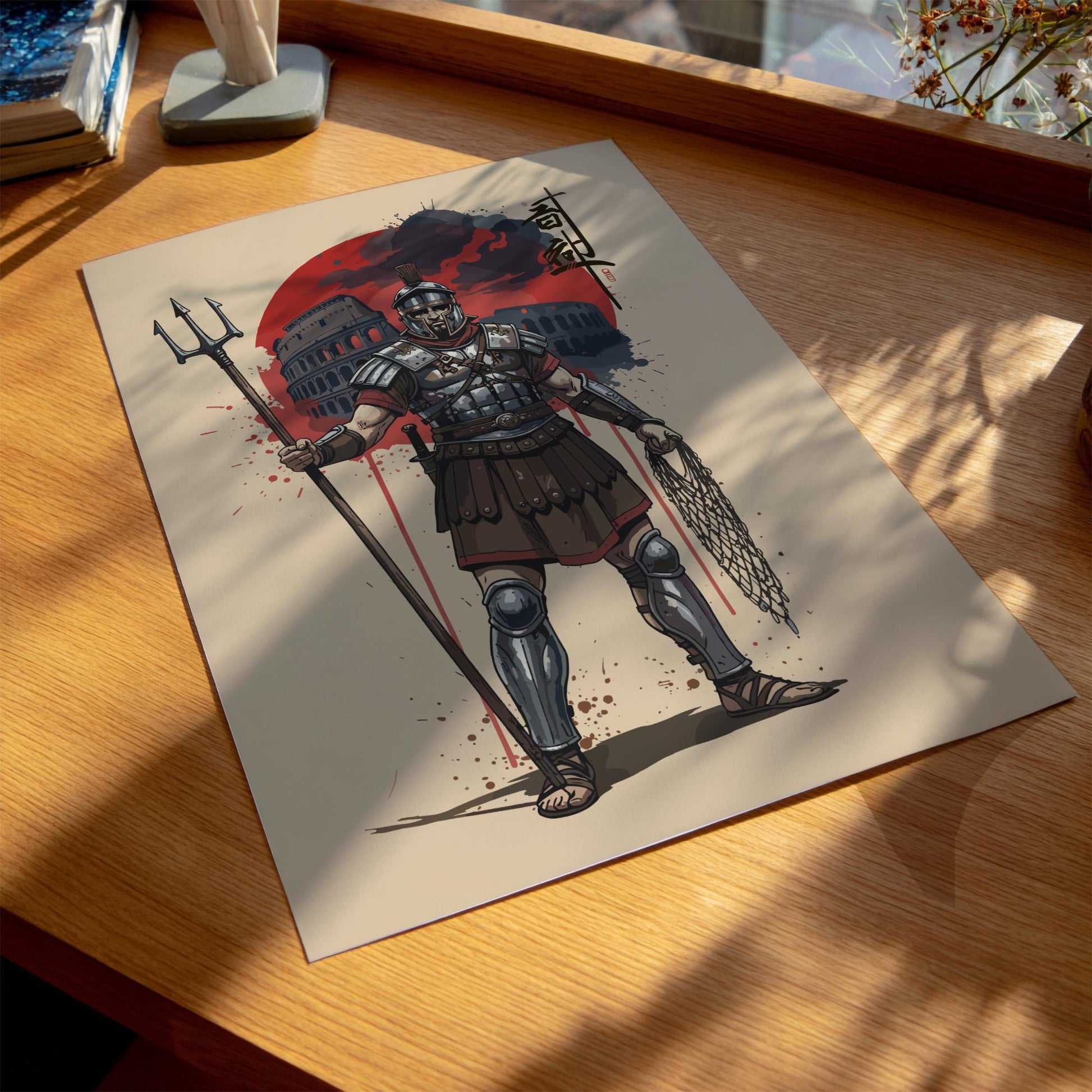 Roman Gladiator Japanese Ink Art Print, Sumi-e Rising Sun Poster, Mixed Media Warrior Decor