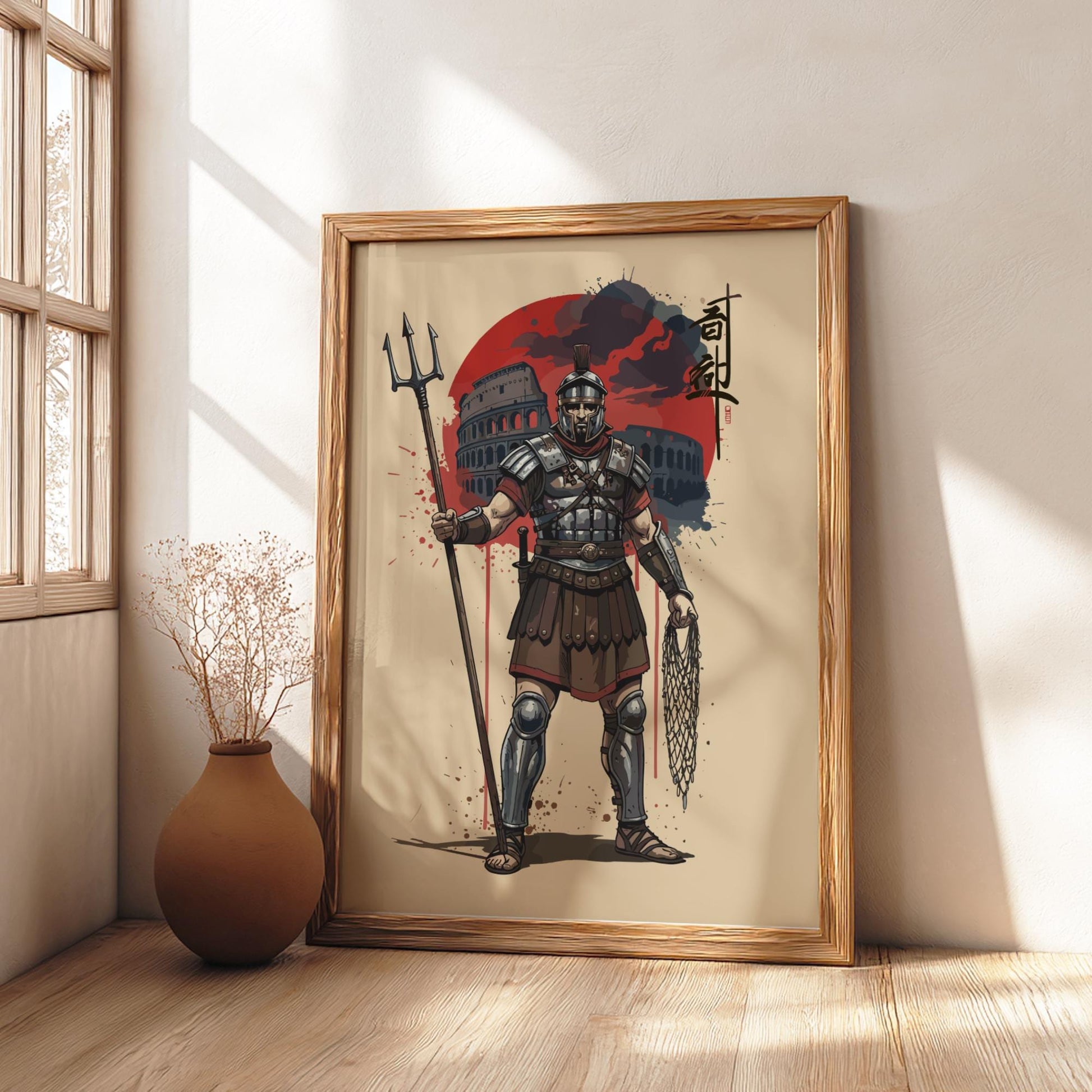 Roman Gladiator Japanese Ink Art Print, Sumi-e Rising Sun Poster, Mixed Media Warrior Decor