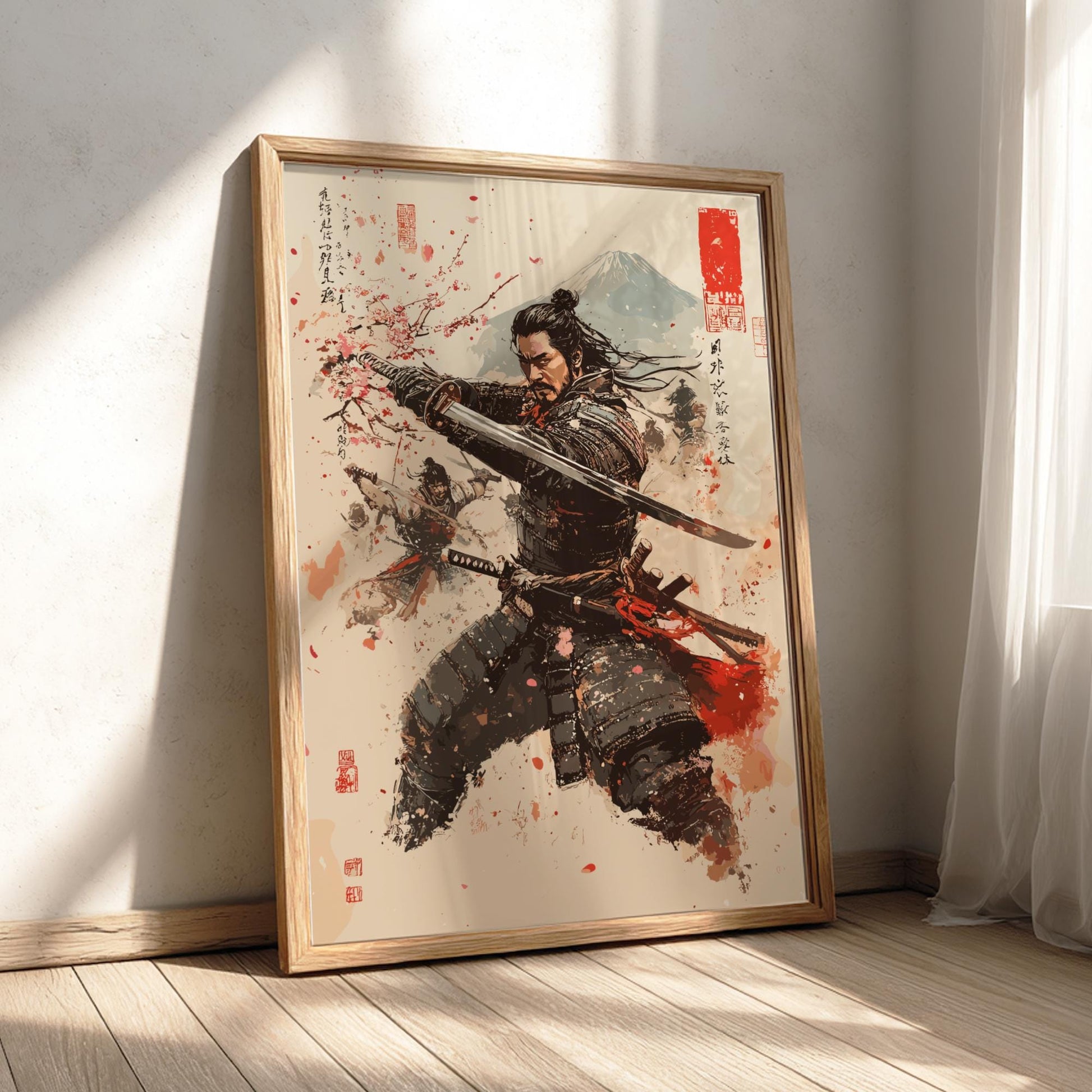 Samurai Sakura Japanese Ink Art Print, Sumi-e Rising Sun Poster, Mixed Media Warrior Decor