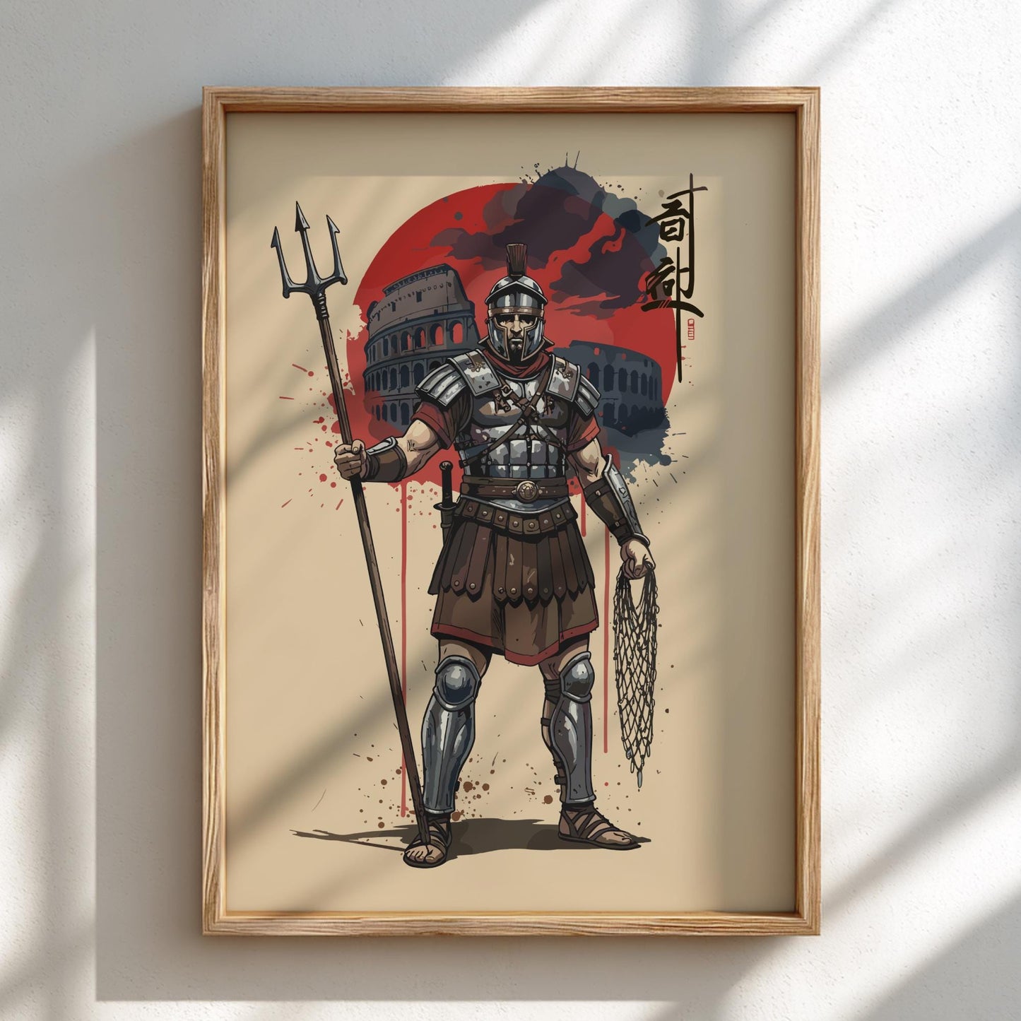 Roman Gladiator Japanese Ink Art Print, Sumi-e Rising Sun Poster, Mixed Media Warrior Decor